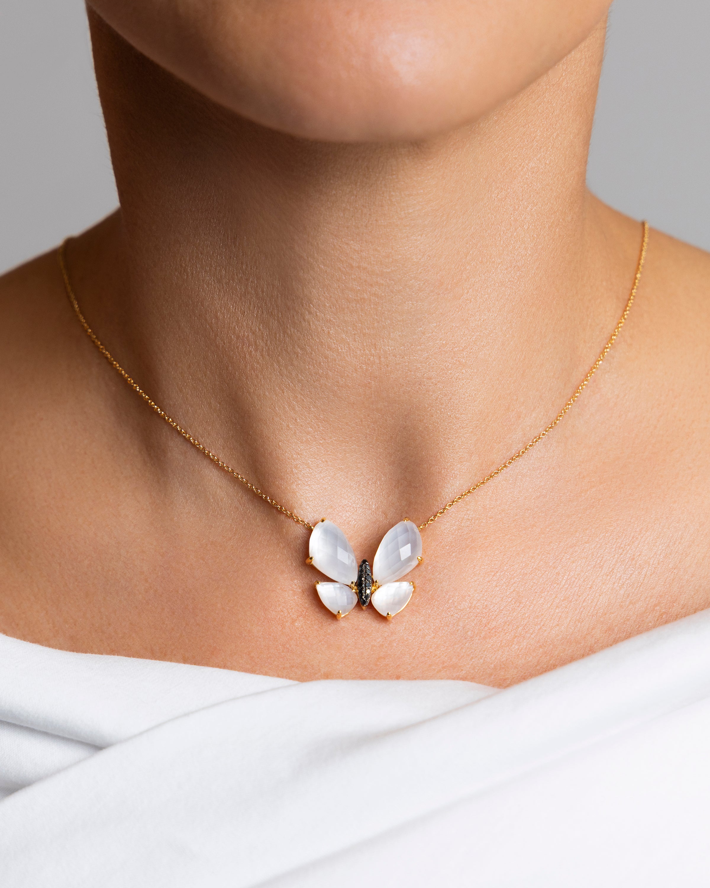Fauna Large Butterfly Necklace in Mother of Pearl and Black Diamonds