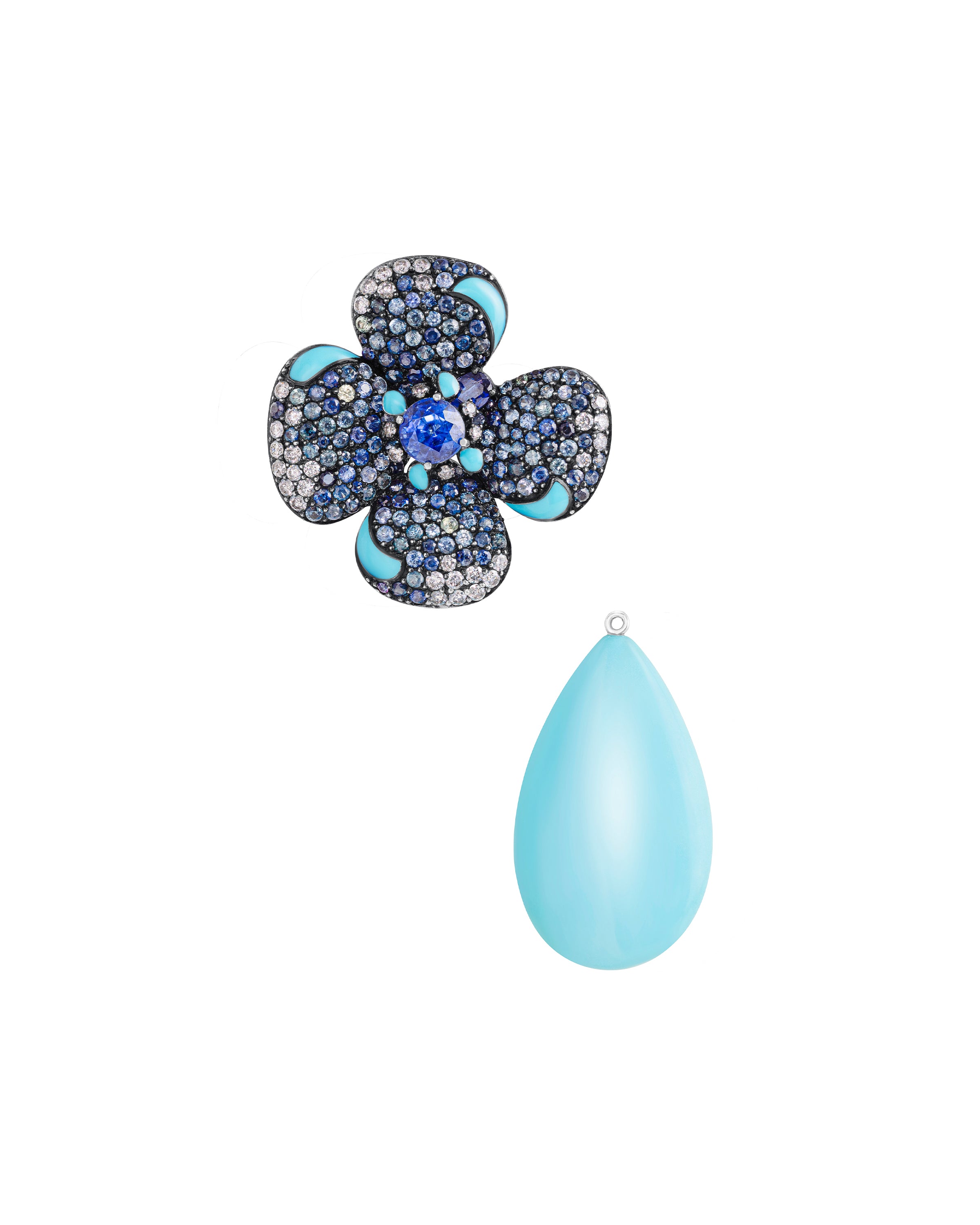 Sapphire Floral Earrings with Turquoise Drop