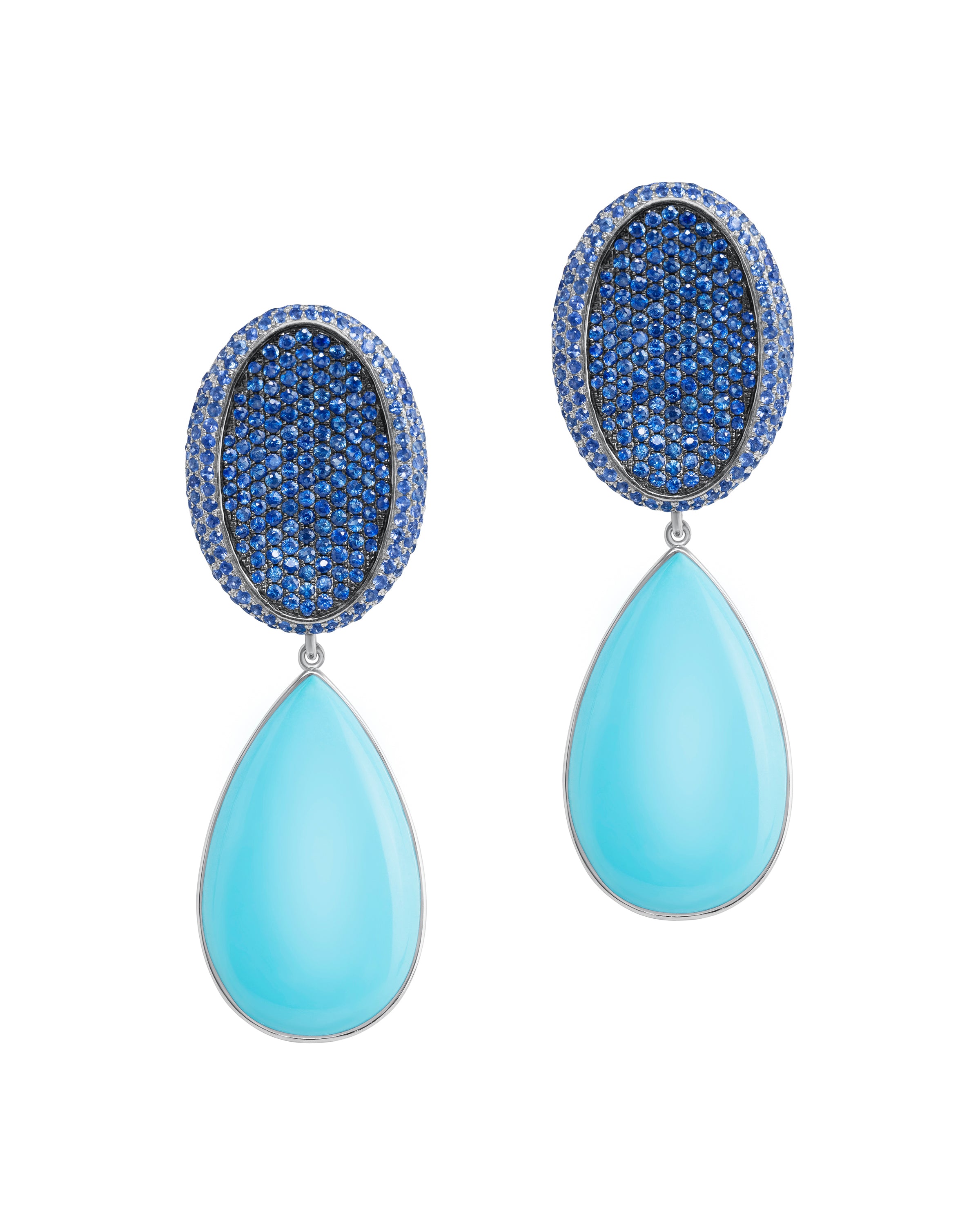 Sapphire Oval Earrings with Turquoise Drops