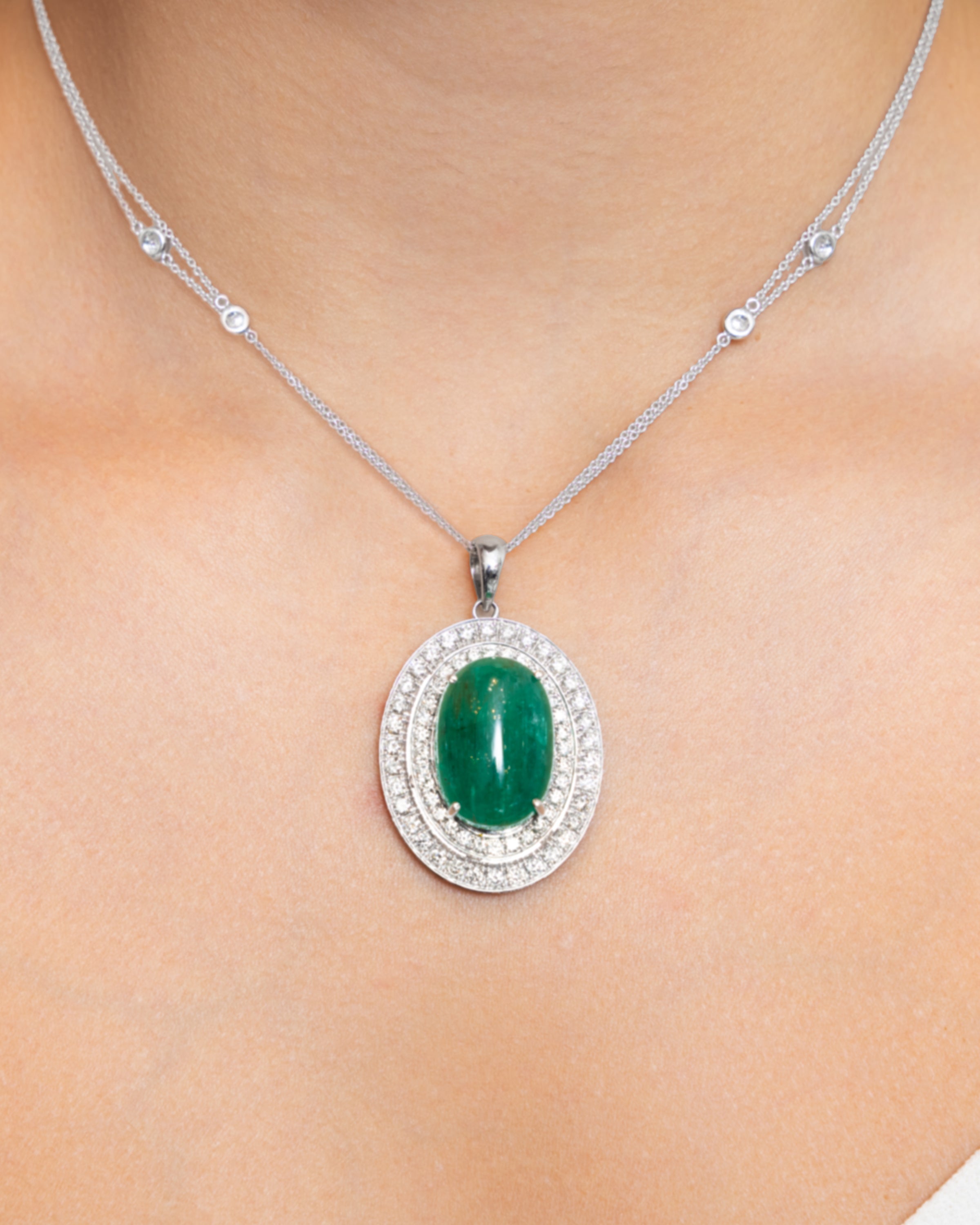 Double Diamond Halo and Emerald Pendant