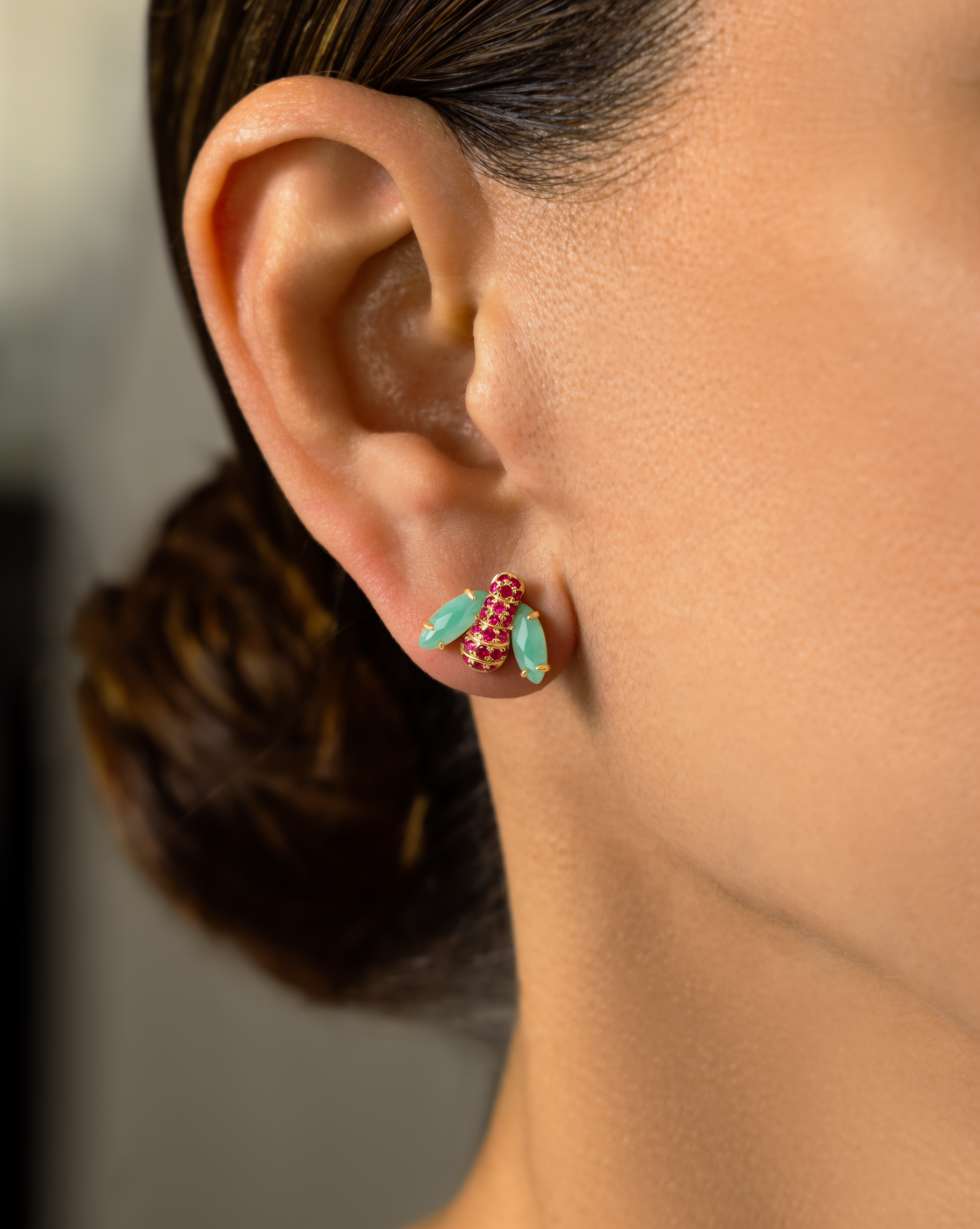 Pannalino Baby Bee Earrings in Aventurine and Ruby