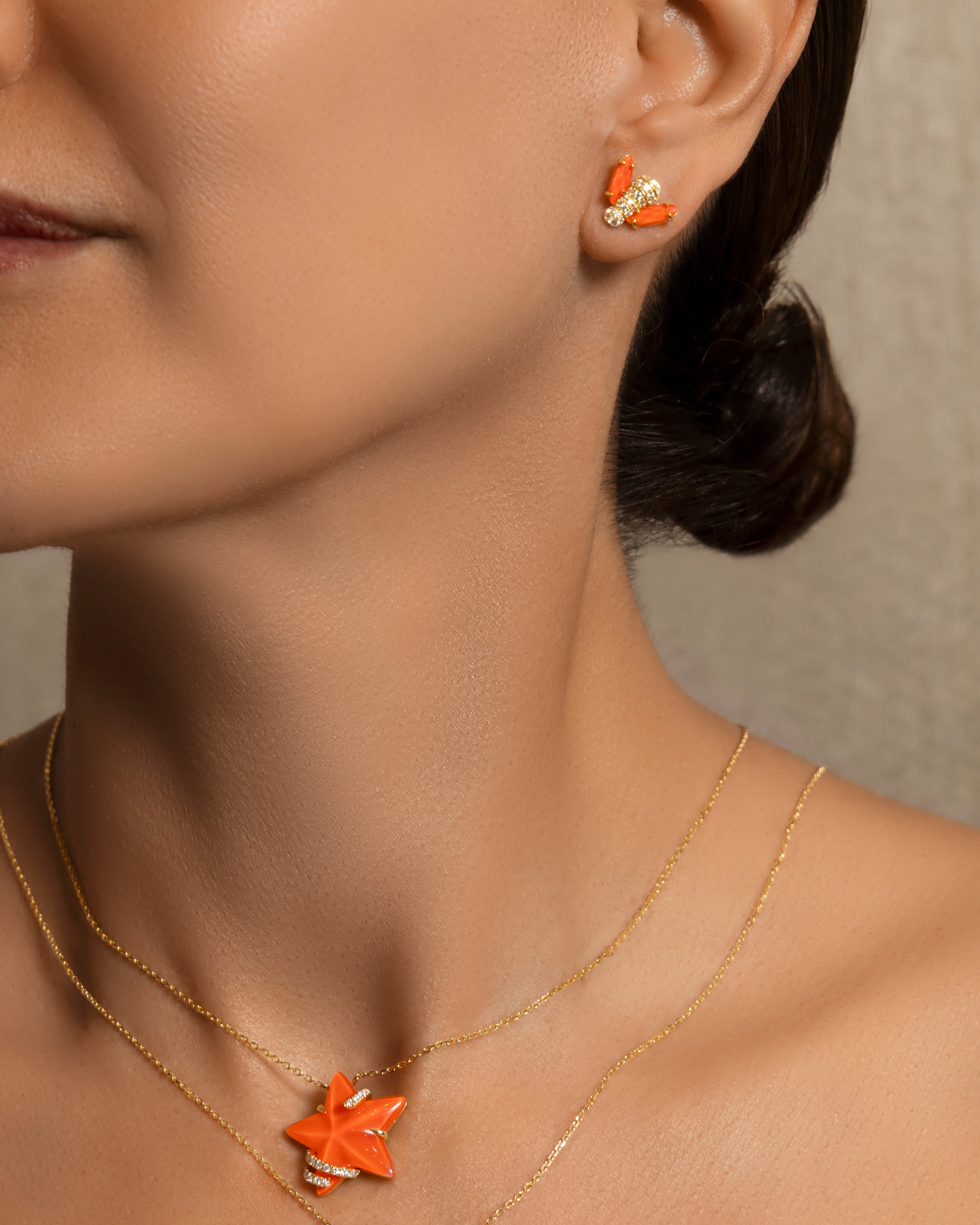 Pannalino Baby Bee Earrings in Coral and White Topaz