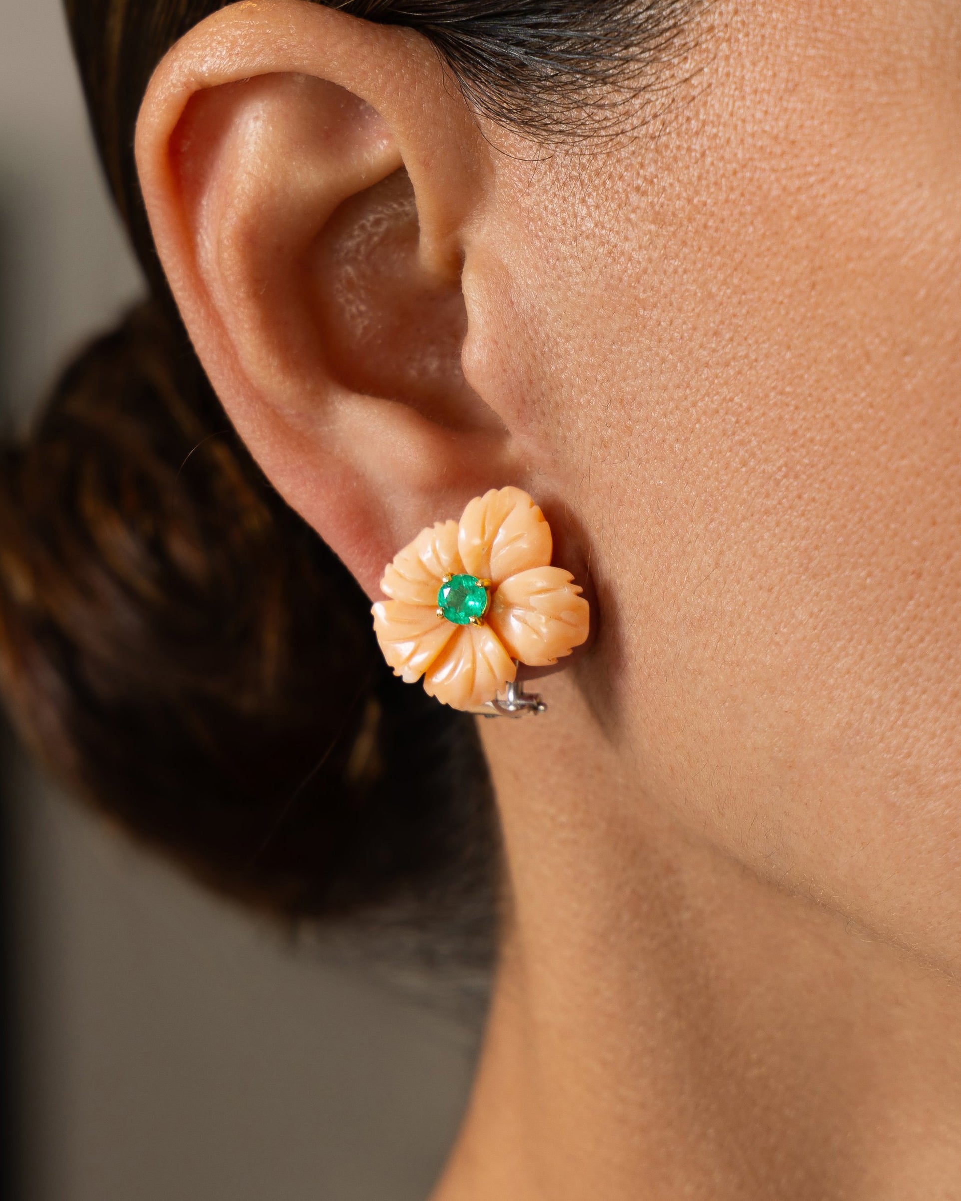 Coral Carved Floral and Emerald Earrings