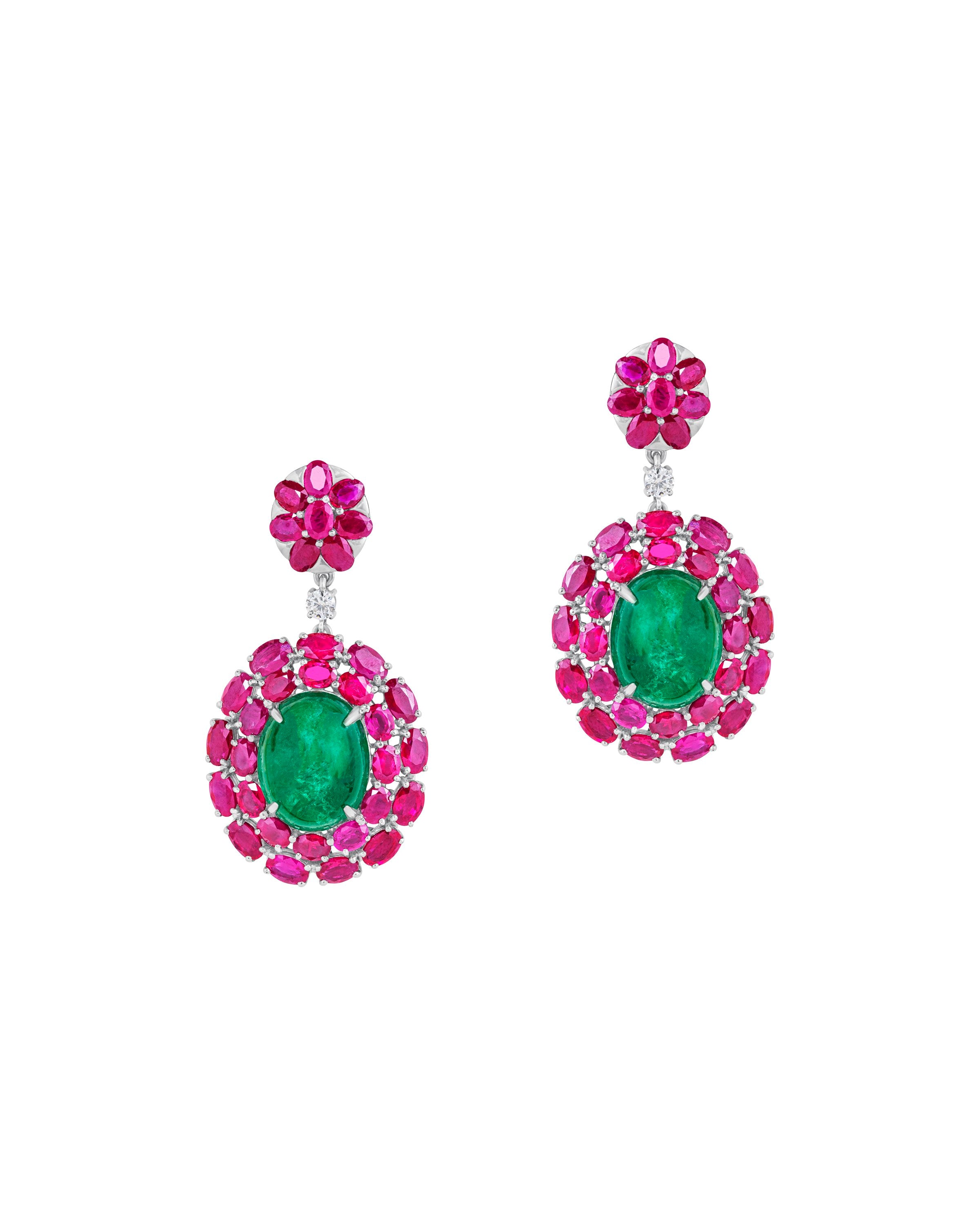 Floral Ruby and Emerald Cabochon Drop Earrings