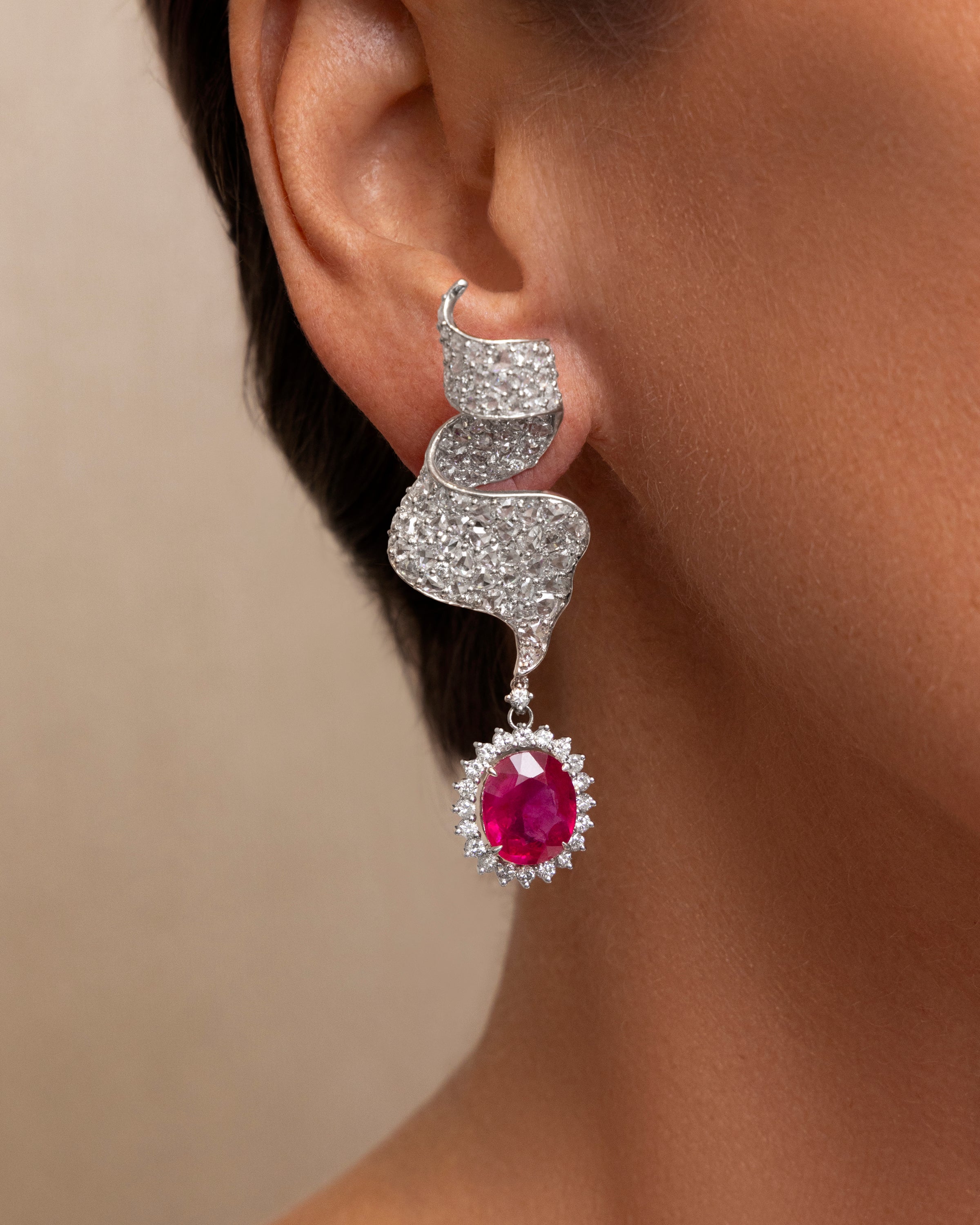 Diamond Ribbon and Rubellite Drop Earrings