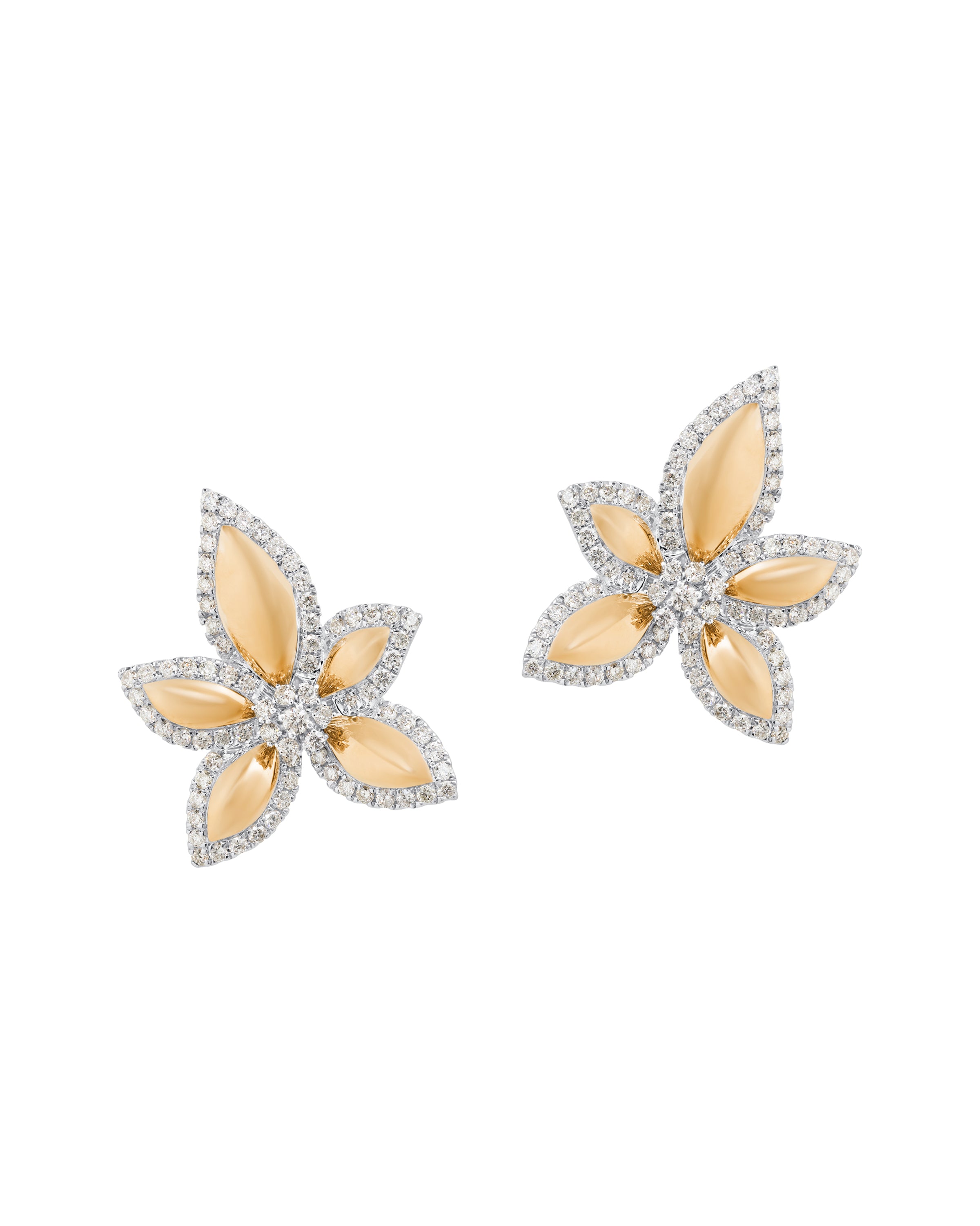 Petite Modern Floral Earrings in Yellow Gold and Diamonds
