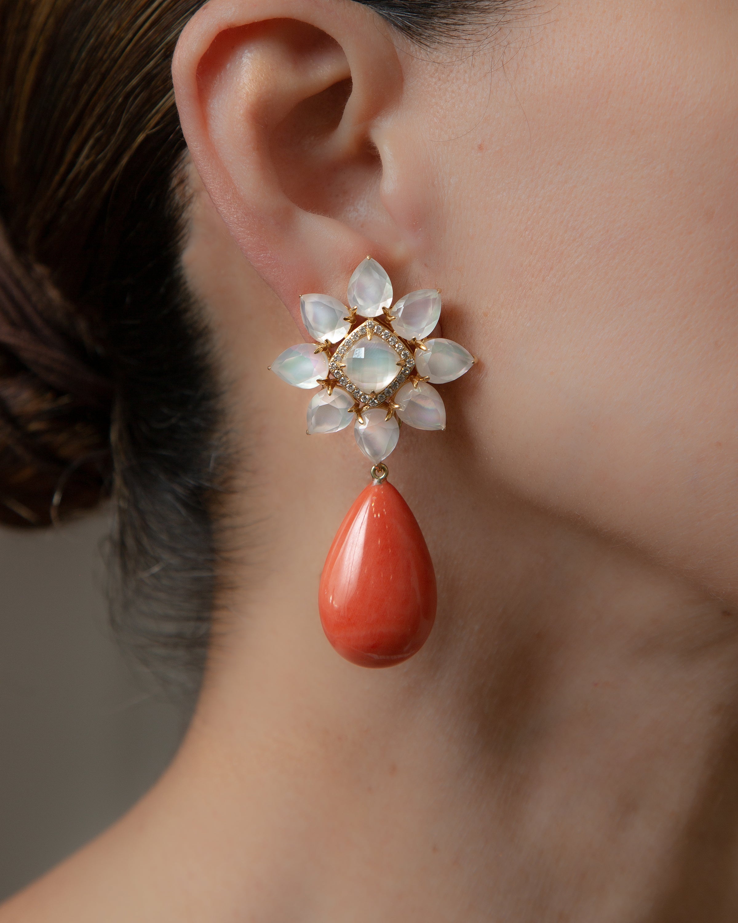 Modern Floral Studs with Coral Drop