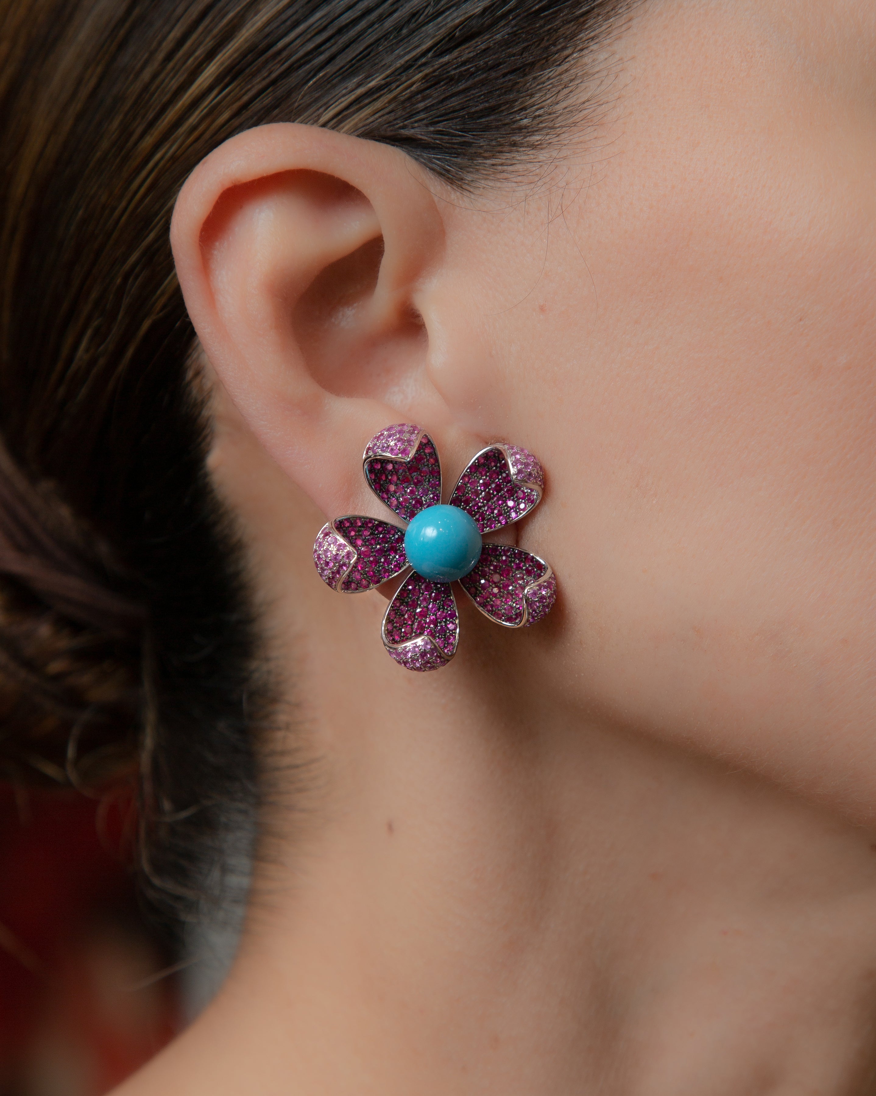 Turquoise and Ruby Floral Stud