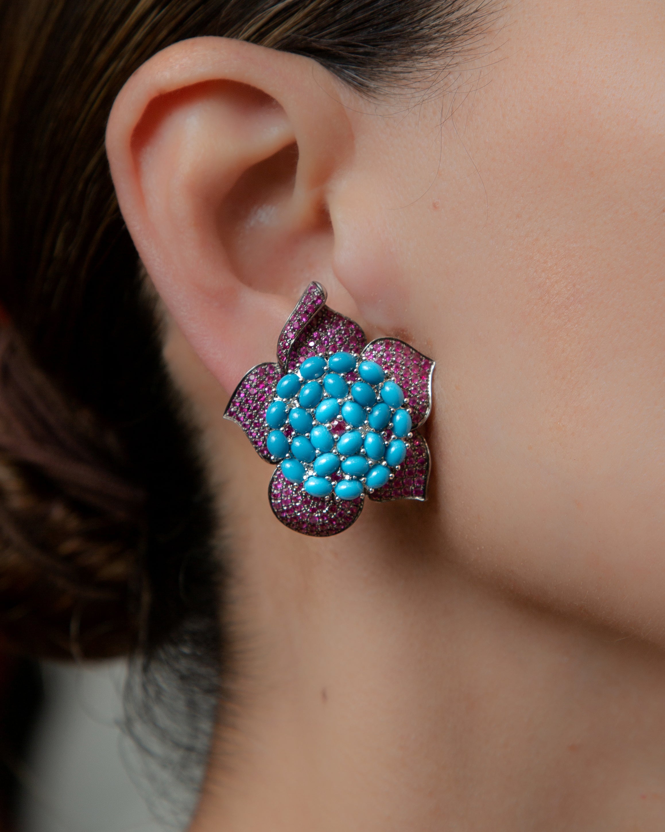 Ruby and Turquoise Swirling Floral Studs