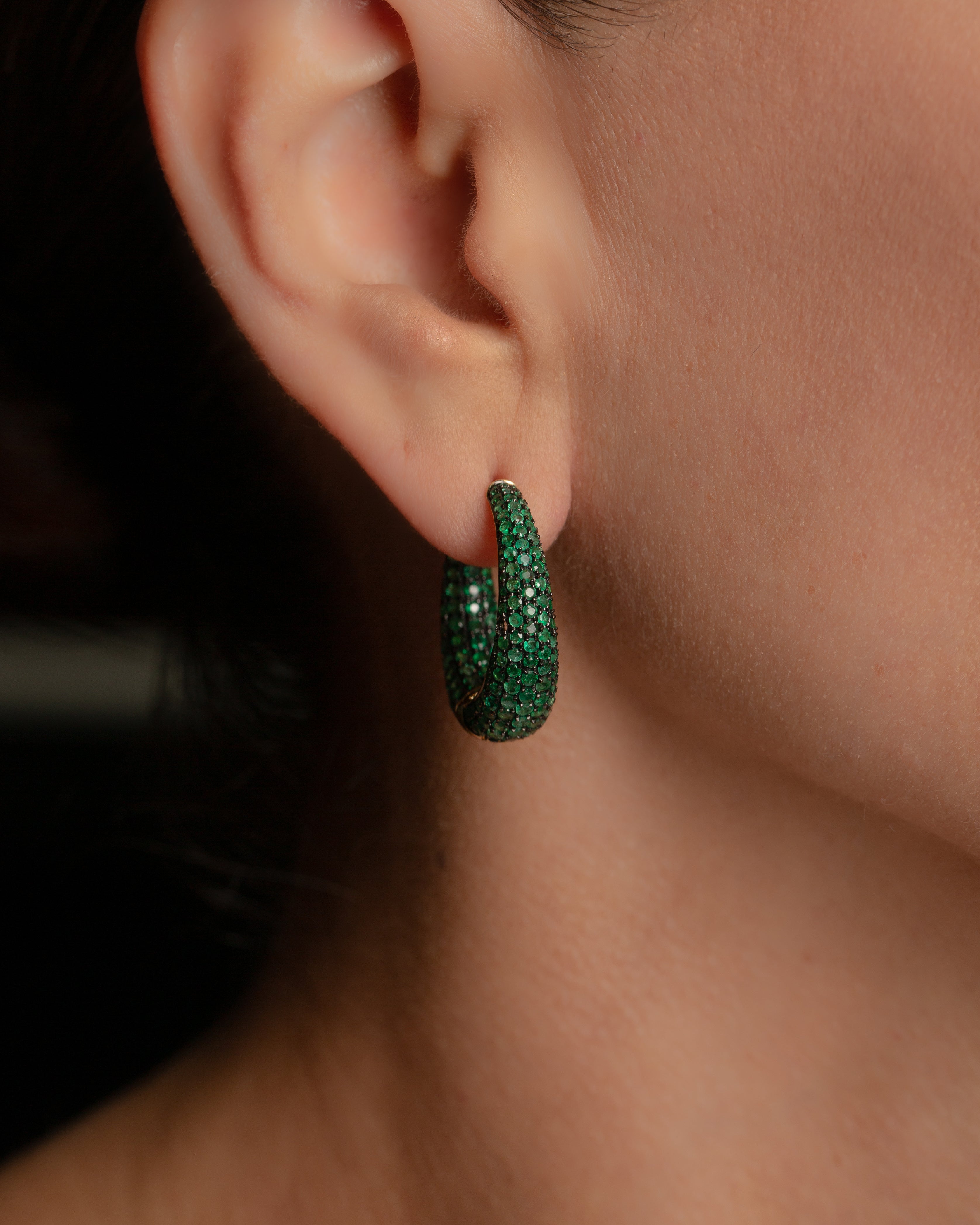 Tapered Pave Hoops in Emeralds