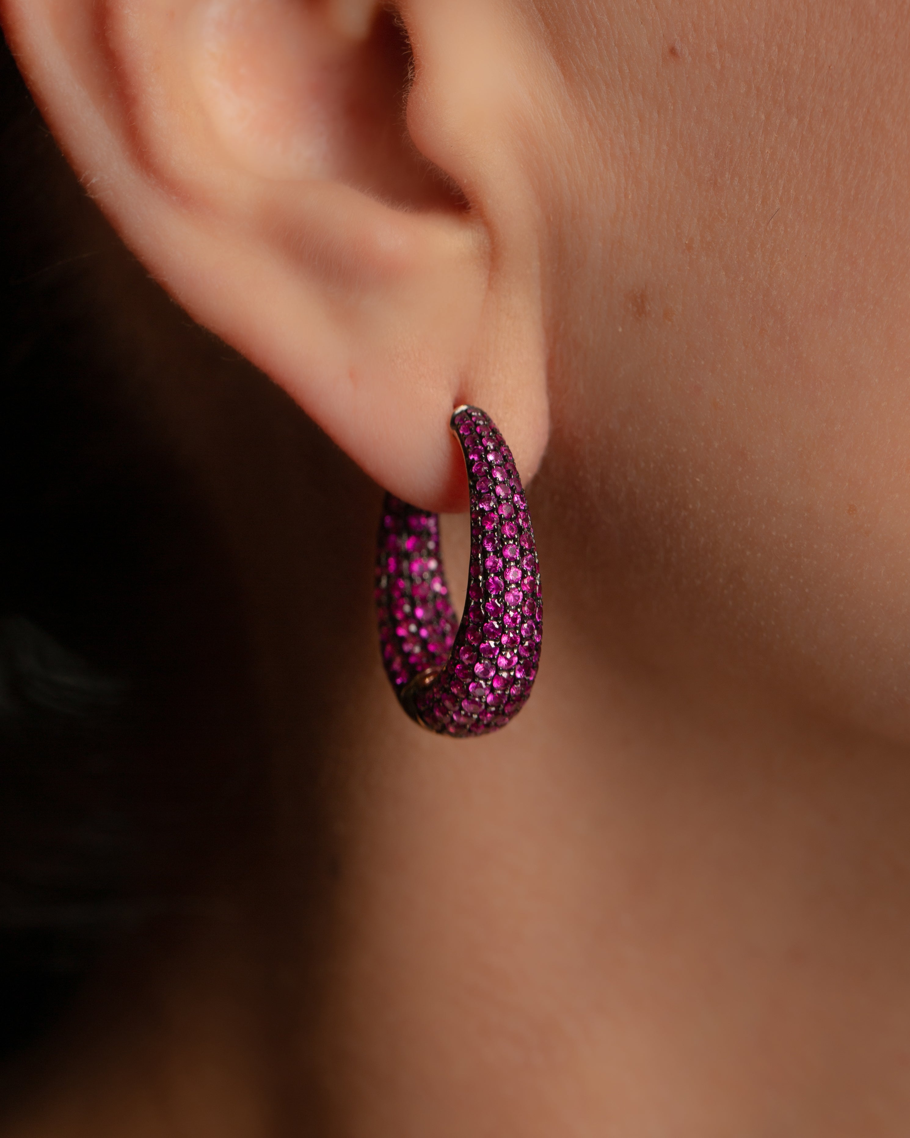 Tapered Pave Hoops in Rubies