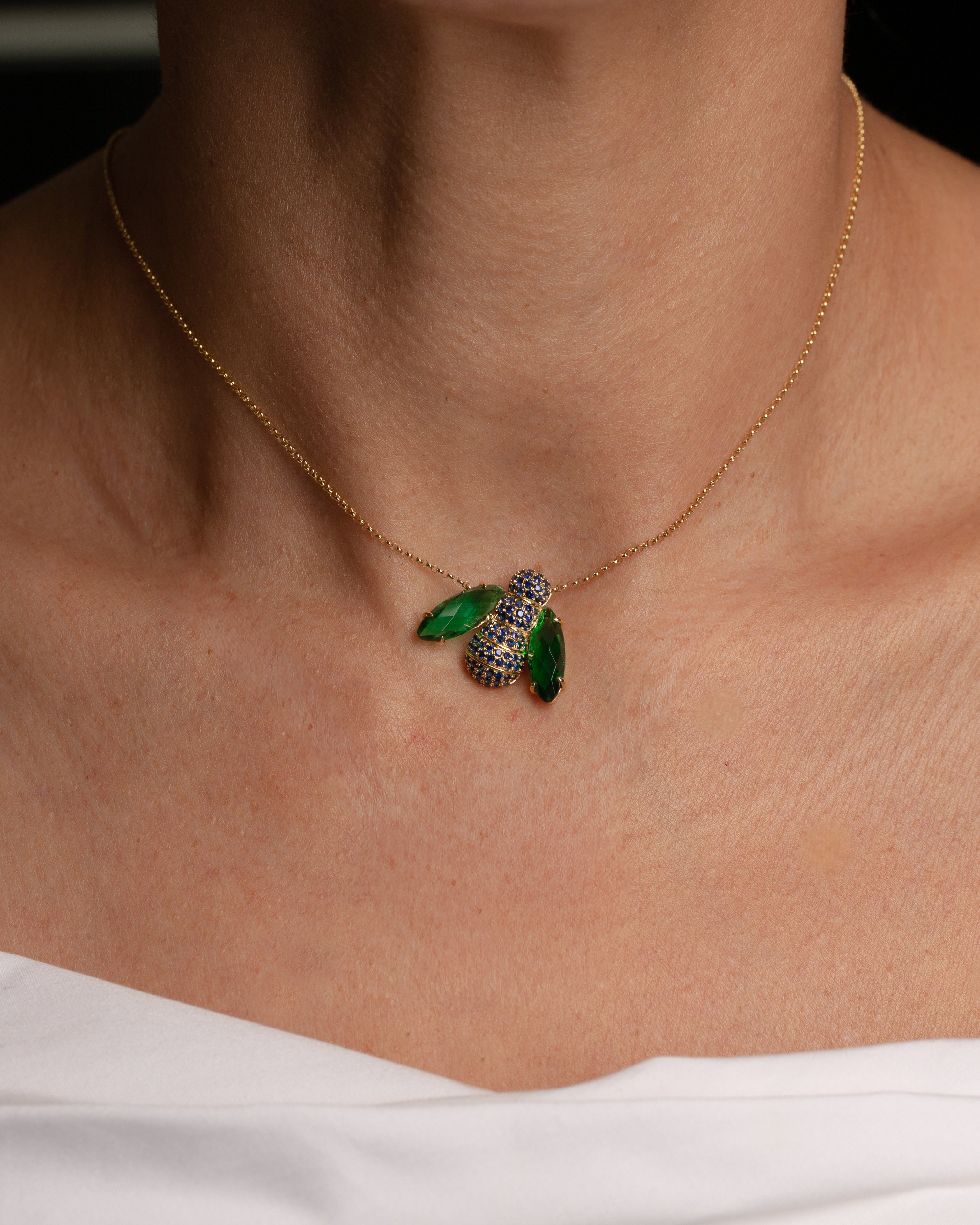 Pannalino Bee Necklace in Green Topaz and Blue Sapphire
