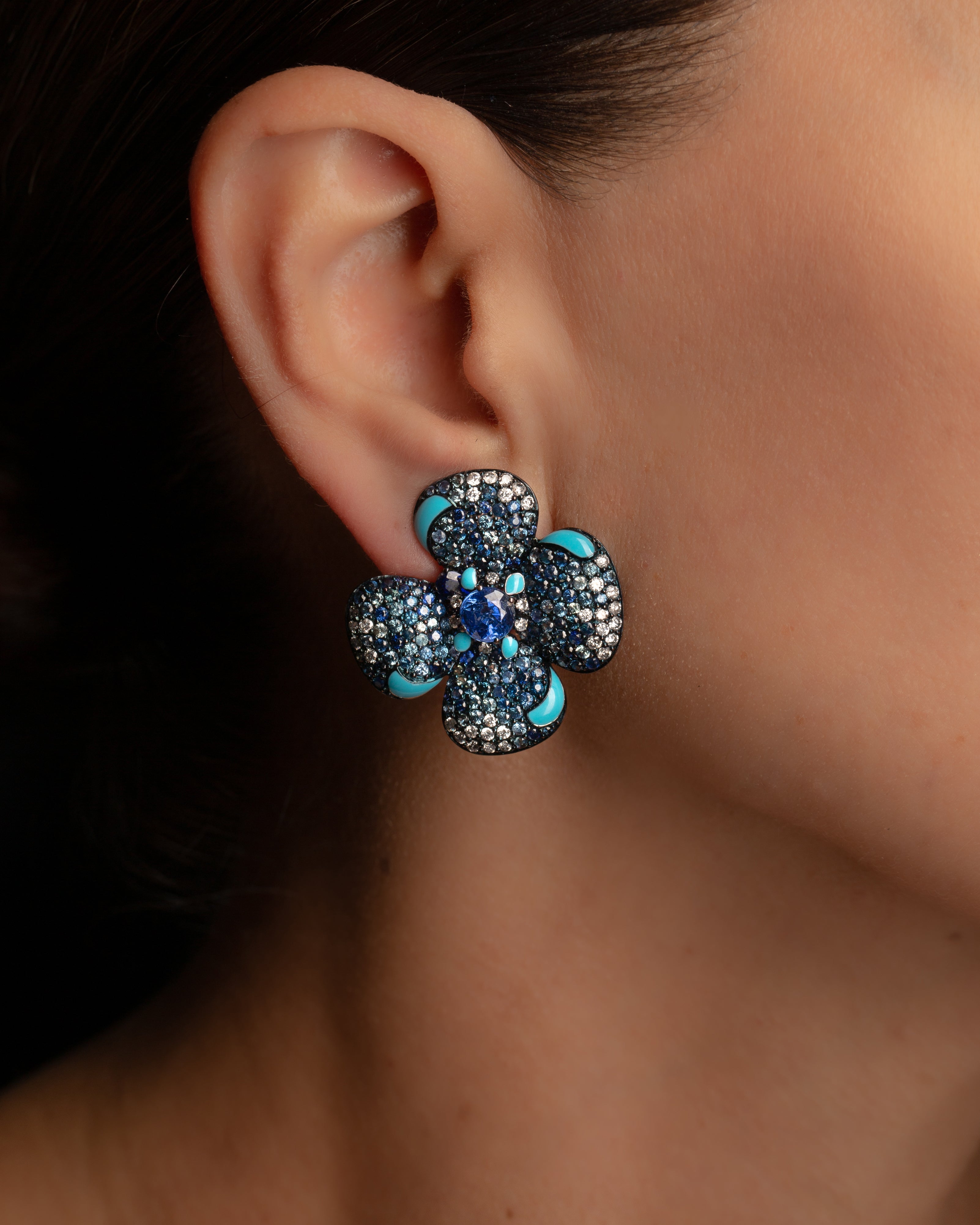Sapphire Floral Earrings with Turquoise Drop