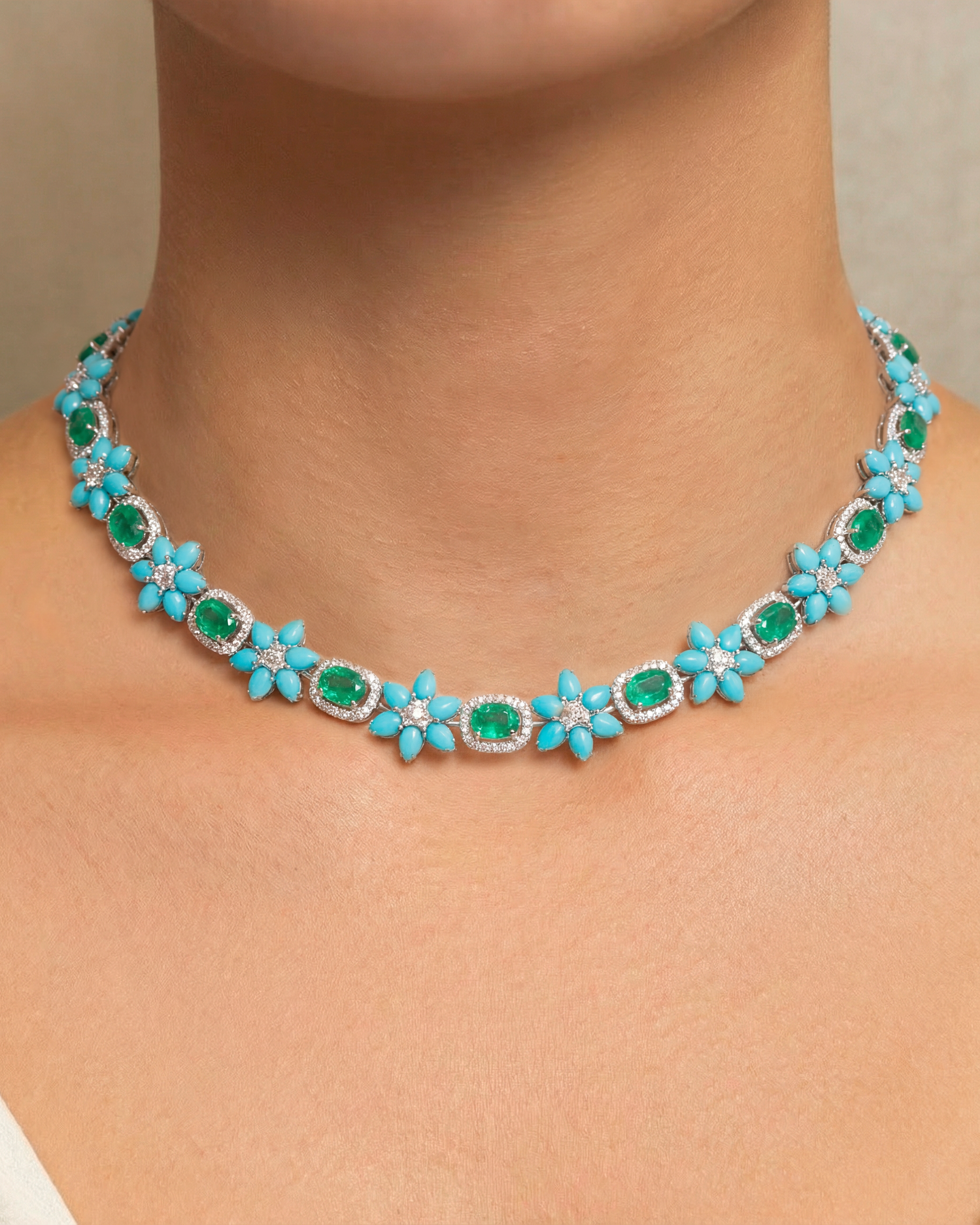 Floral Turquoise and Emerald Necklace