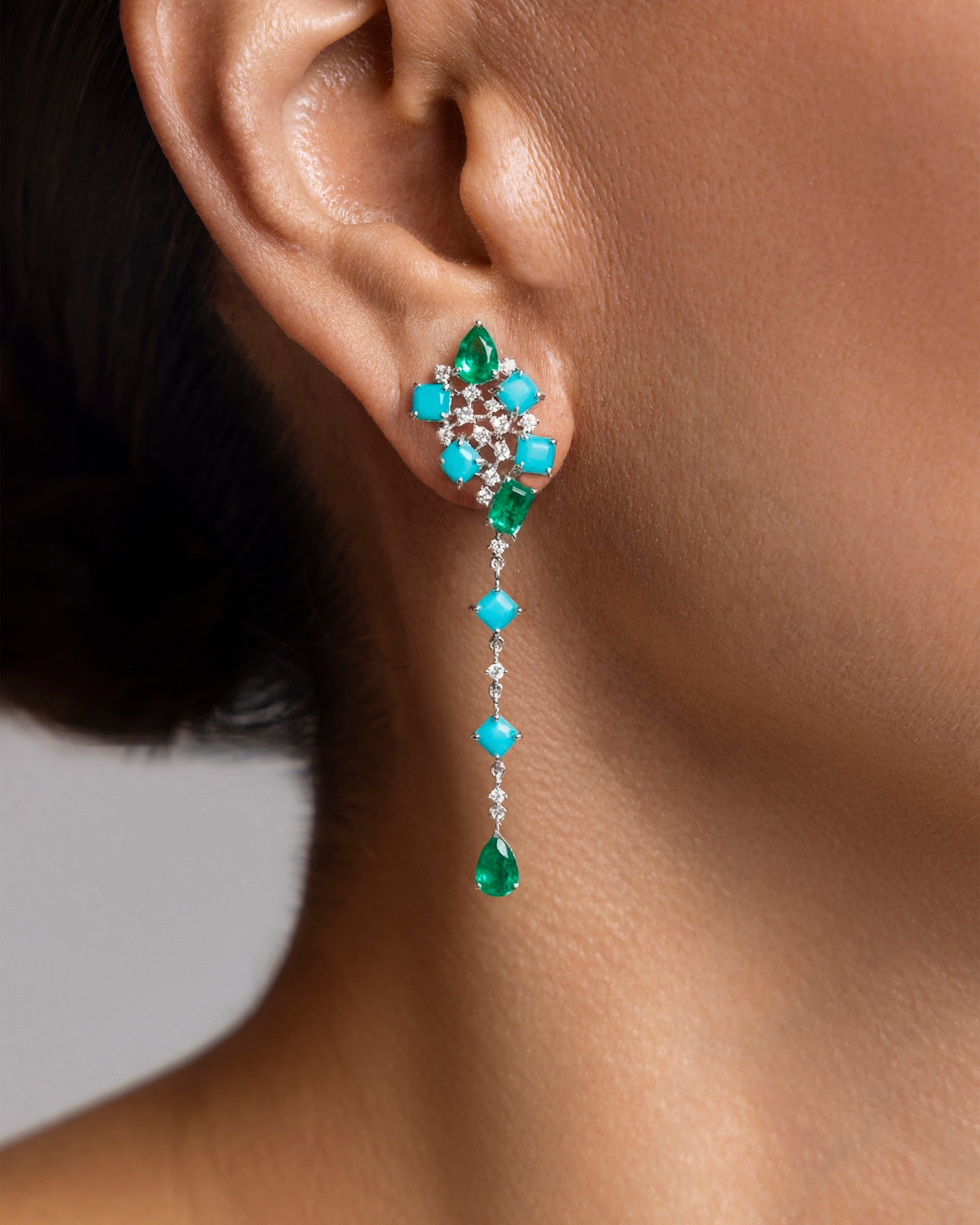 Emerald and Turquoise Dangling Earrings
