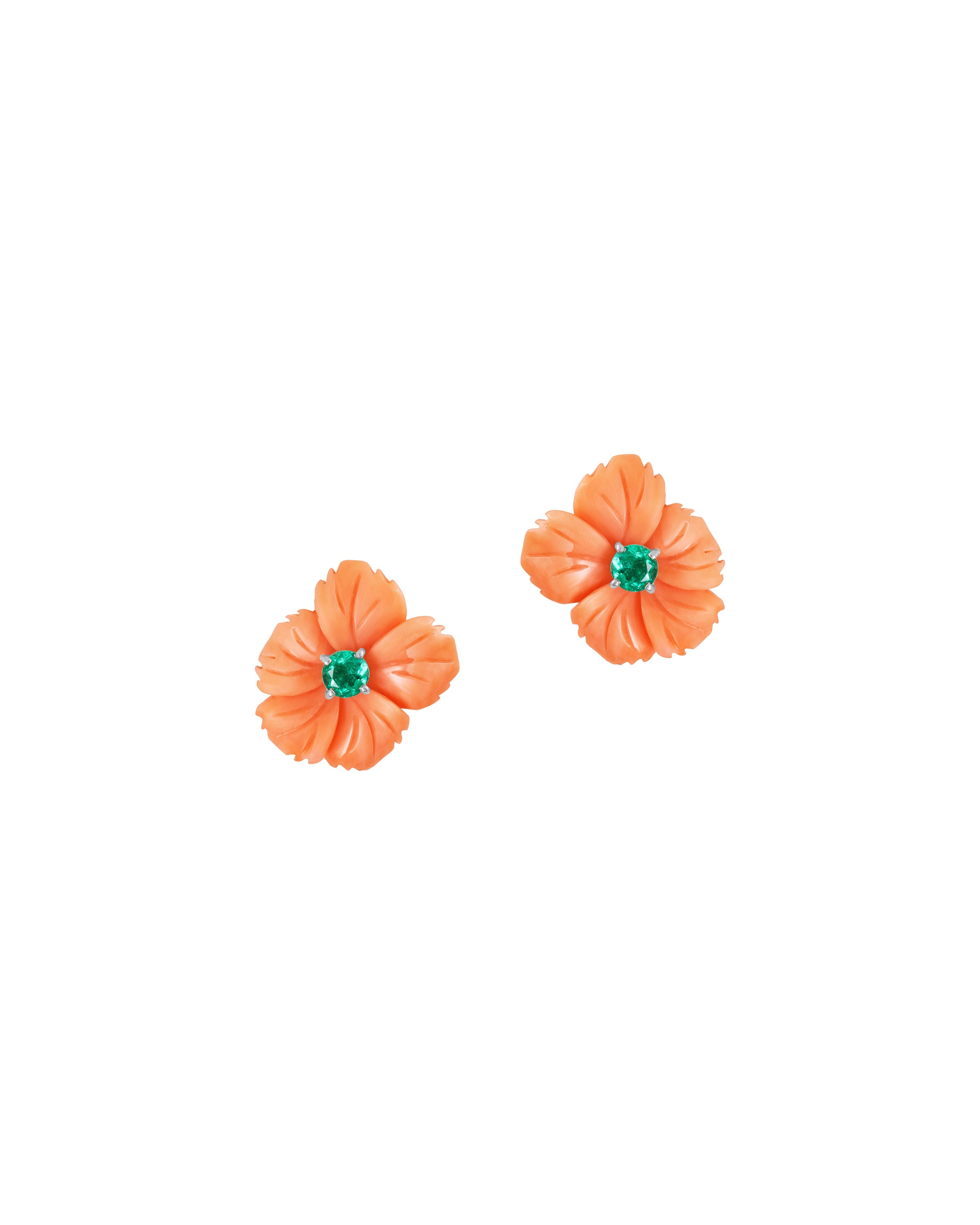 Coral Carved Floral and Emerald Earrings
