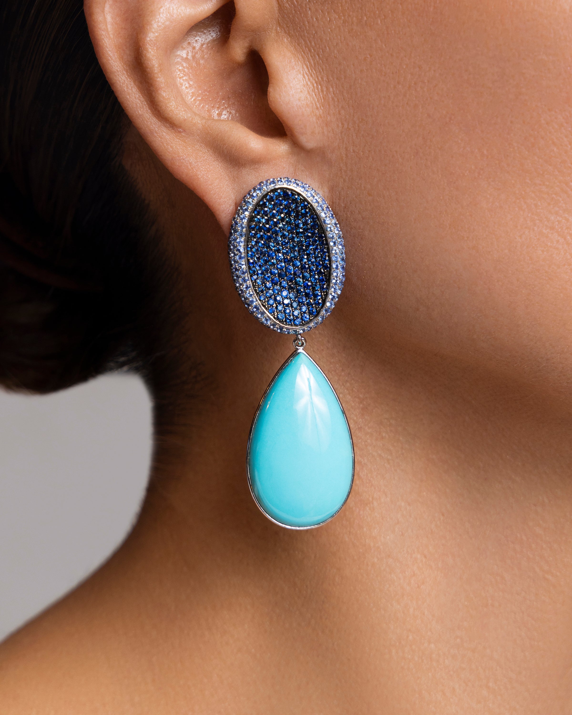 Sapphire Oval Earrings with Turquoise Drops