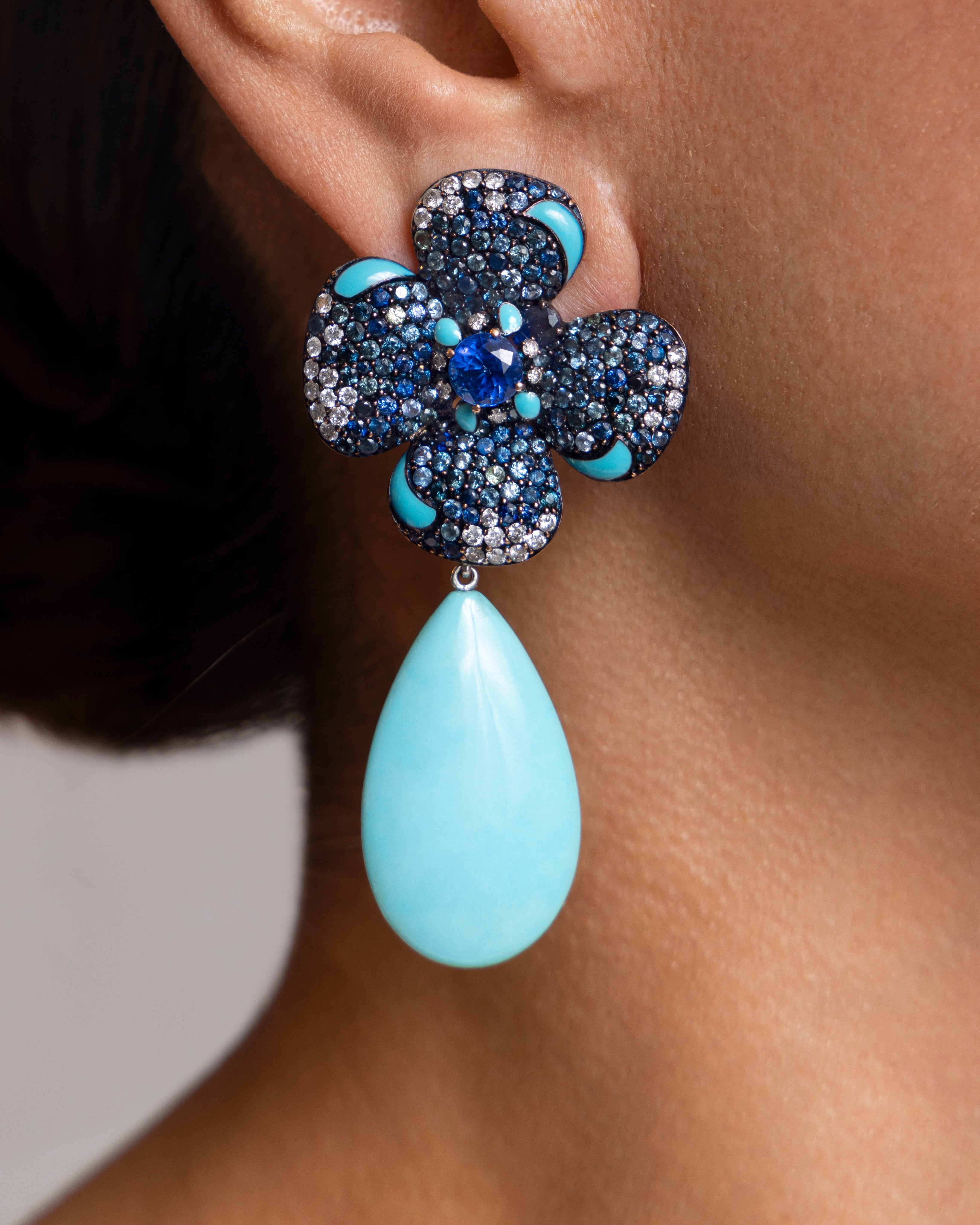 Sapphire Floral Earrings with Turquoise Drop