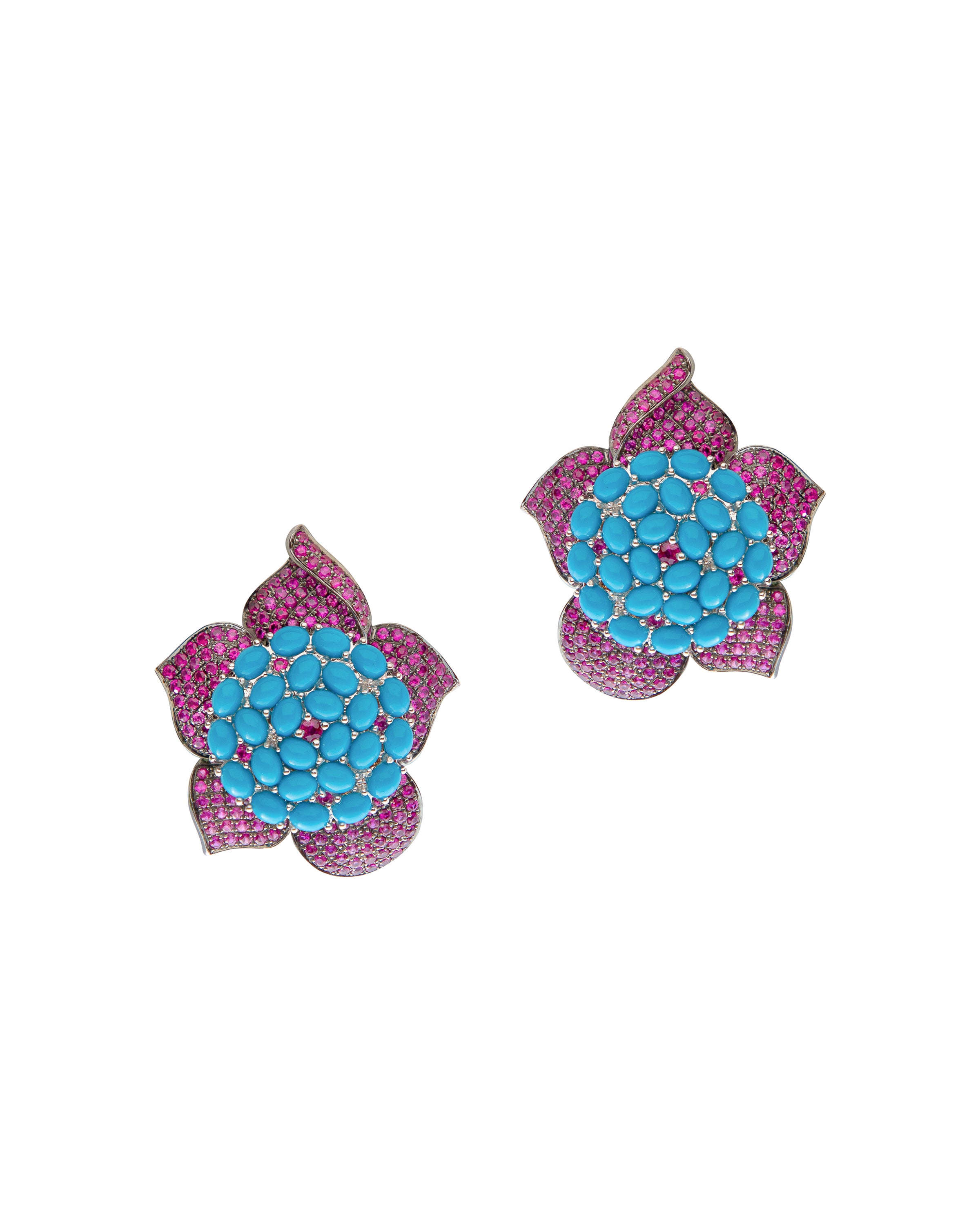 Ruby and Turquoise Swirling Floral Studs