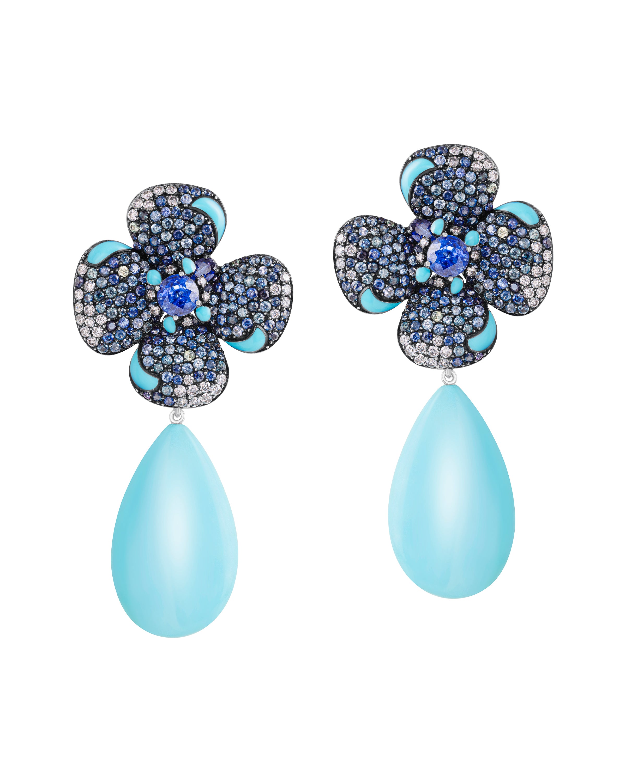 Sapphire Floral Earrings with Turquoise Drop