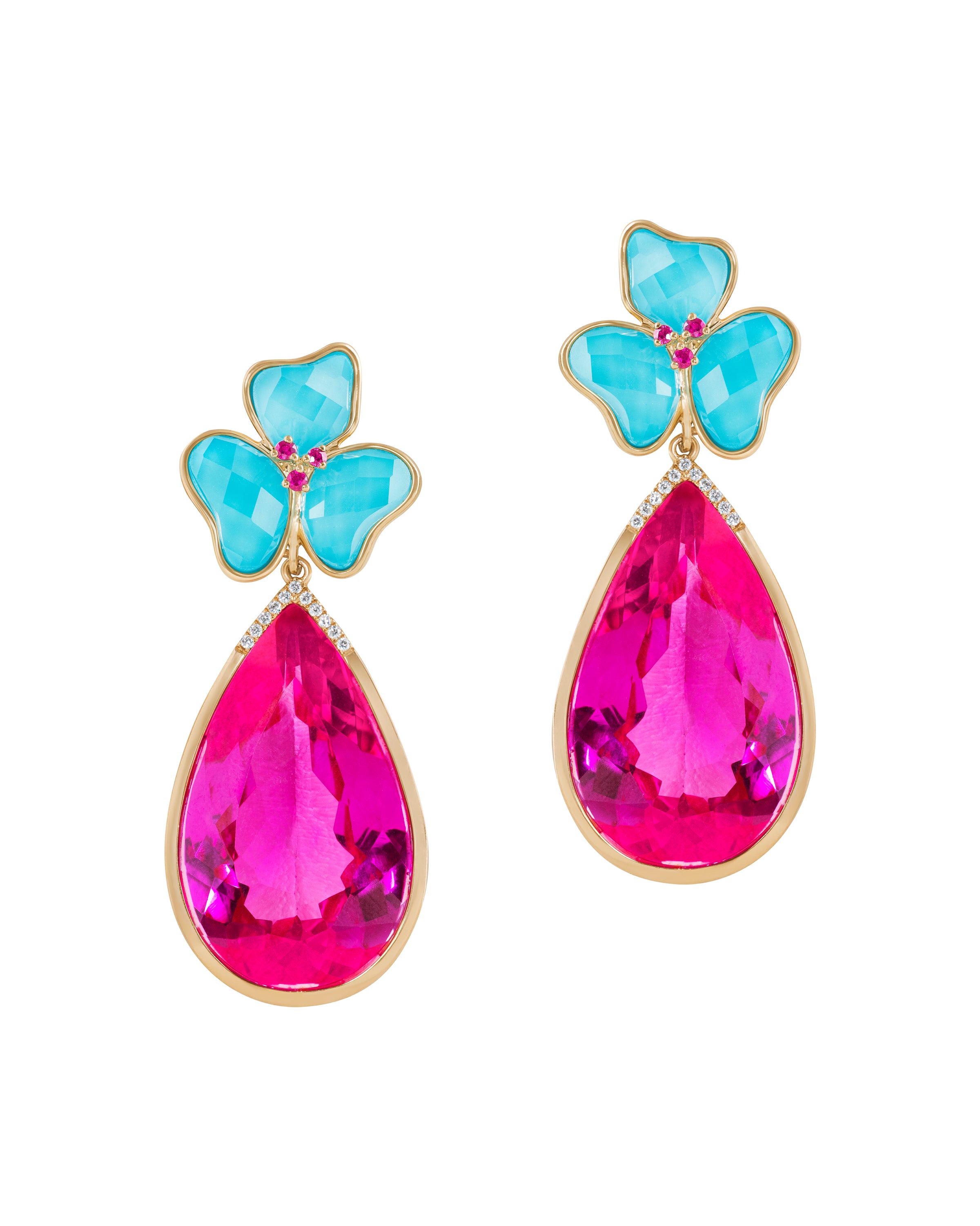 Il Petalo Classic Earrings in Turquoise and Rubies with Pink Topaz Drop