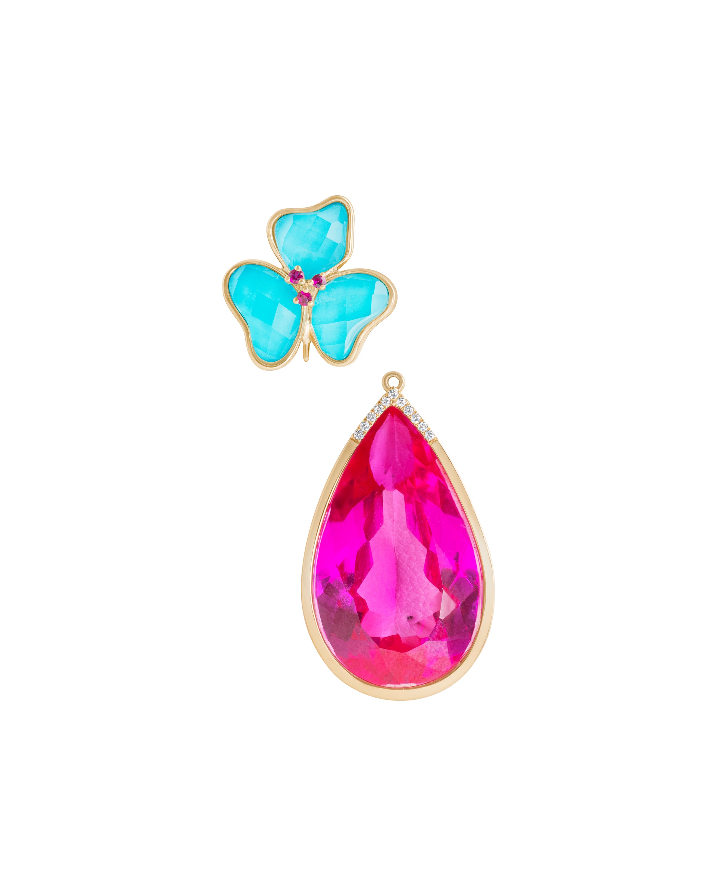 Il Petalo Classic Earrings in Turquoise and Rubies with Pink Topaz Drop