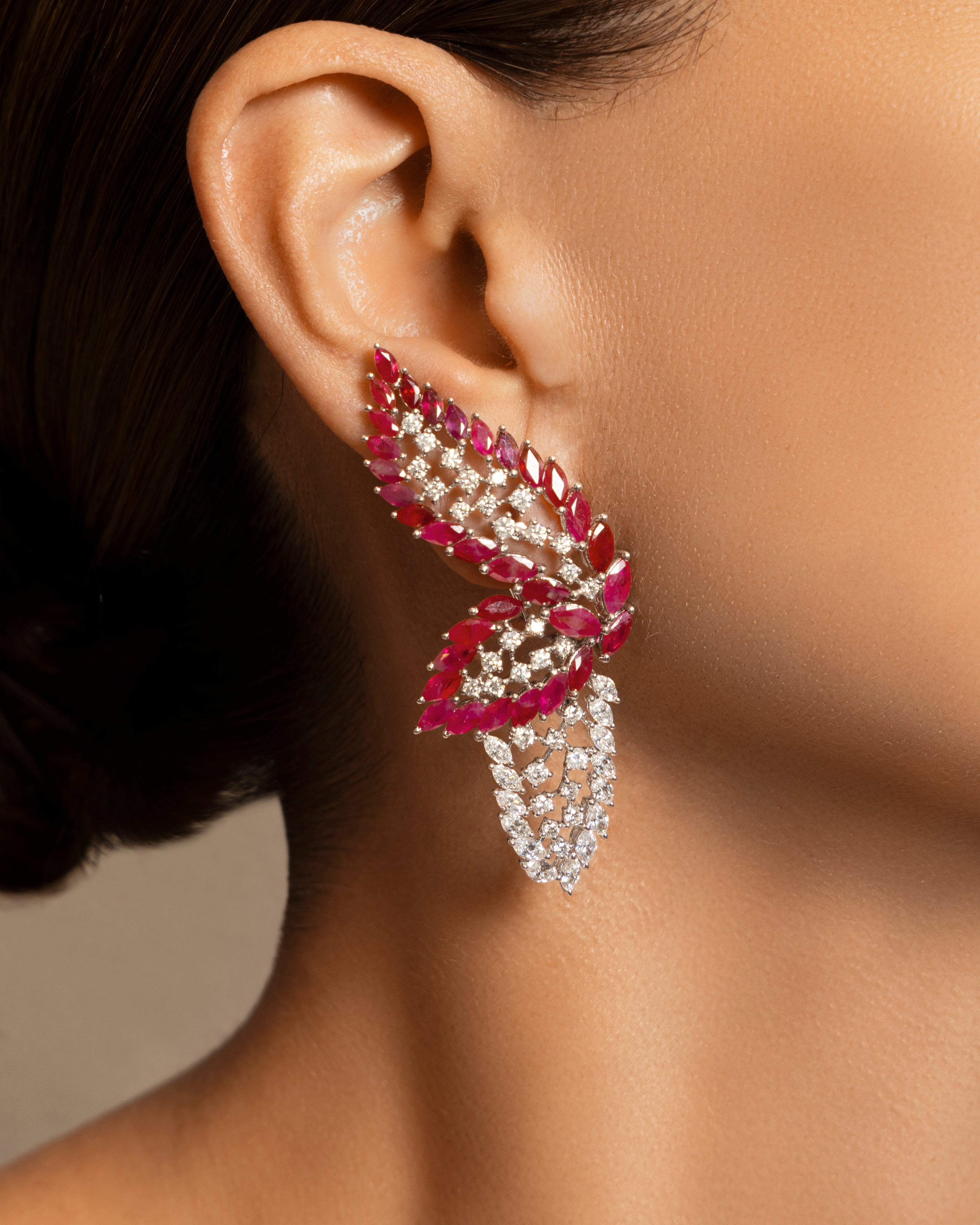 Ruby and Diamond Feather Earrings