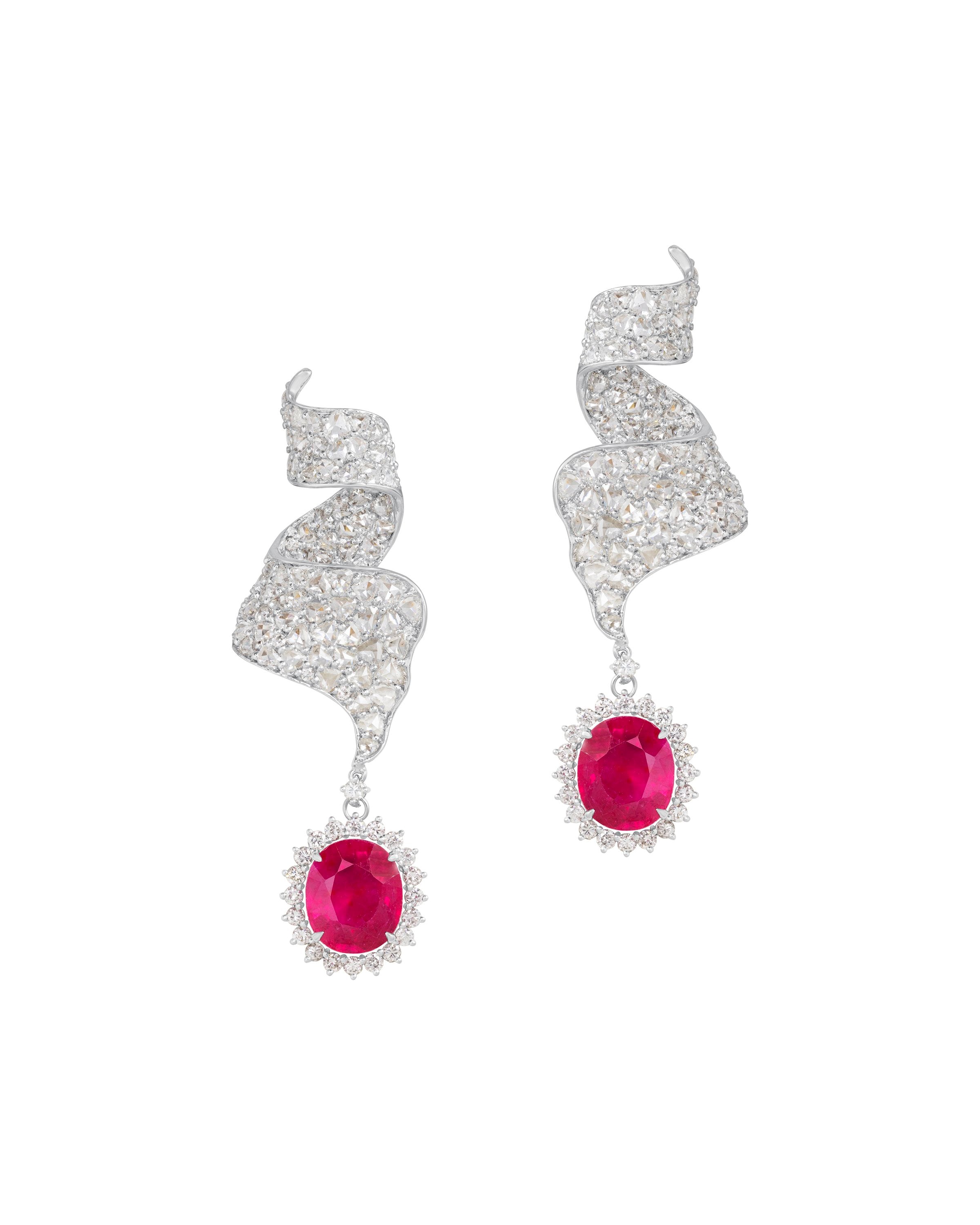 Diamond Ribbon and Rubellite Drop Earrings