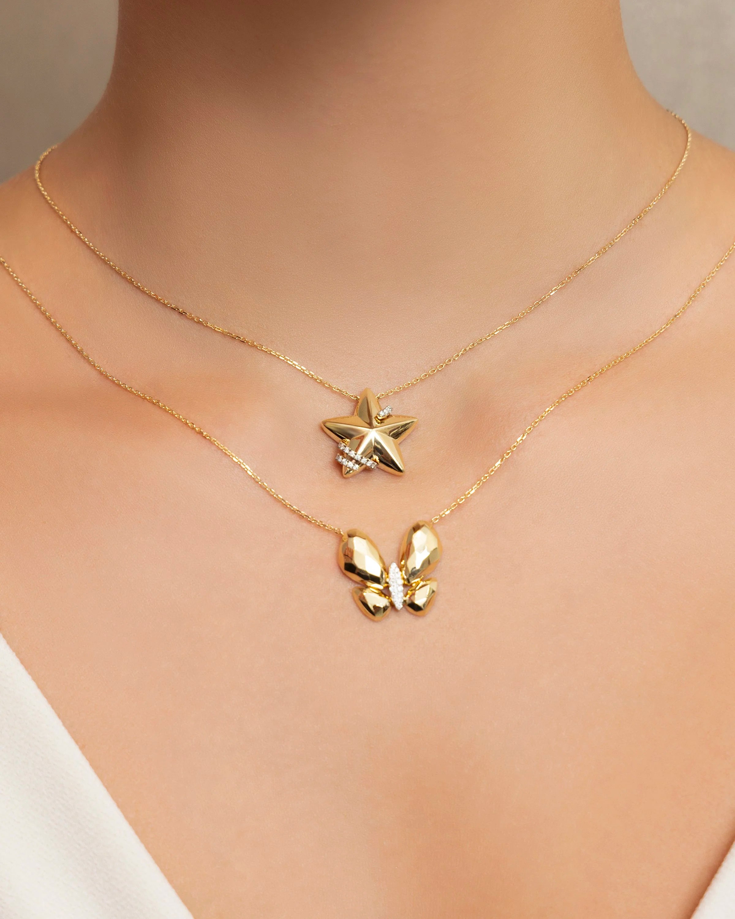 Fauna Large Butterfly Necklace in Faceted Yellow Gold