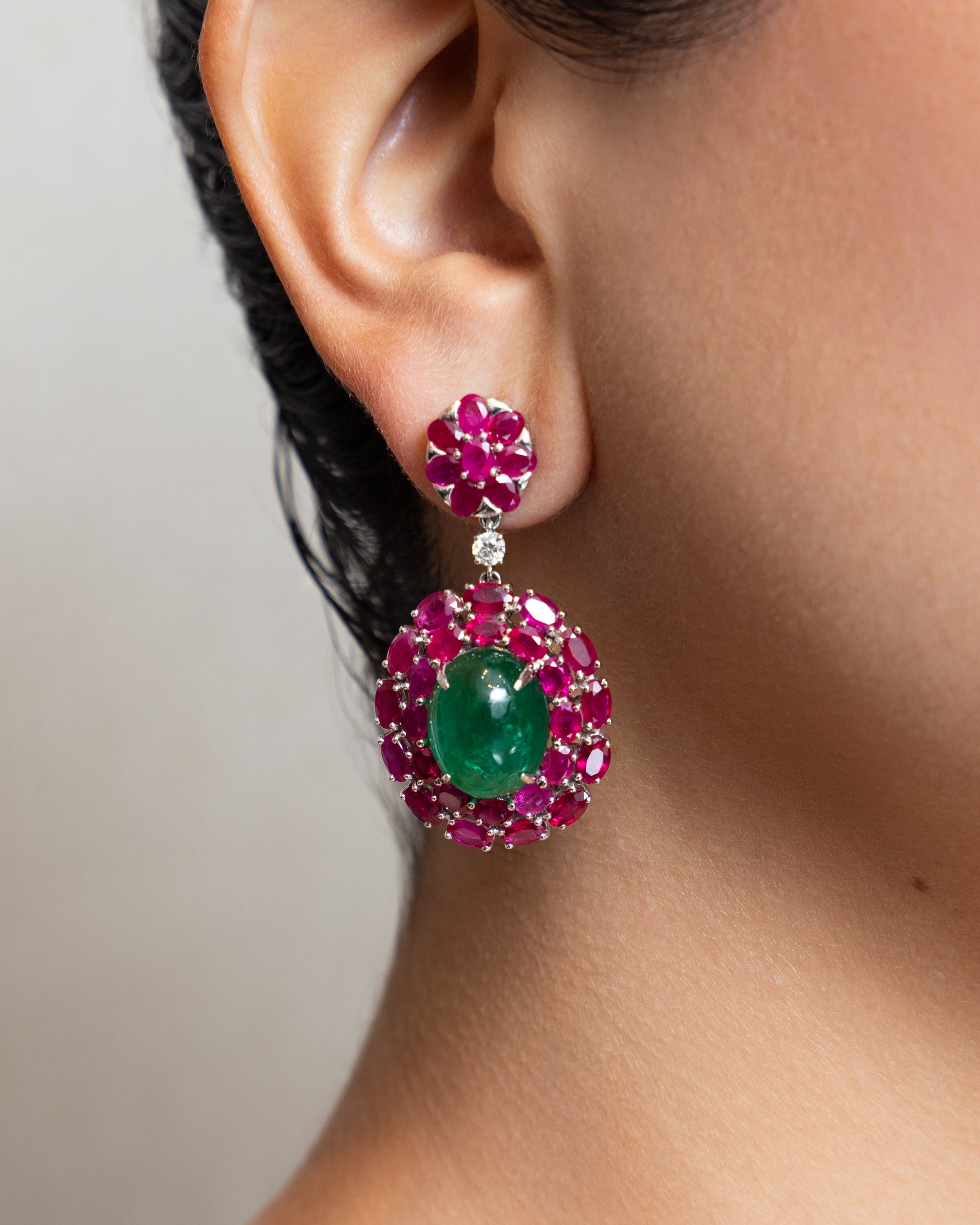 Floral Ruby and Emerald Cabochon Drop Earrings