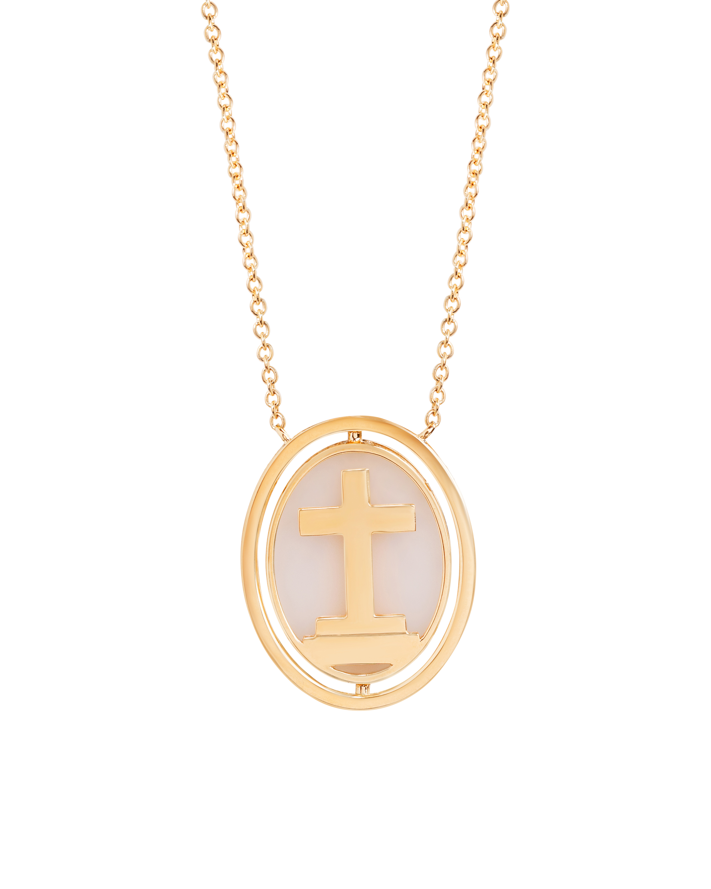 Modern Virgin & Cross Red Sapphire Pendant Necklace