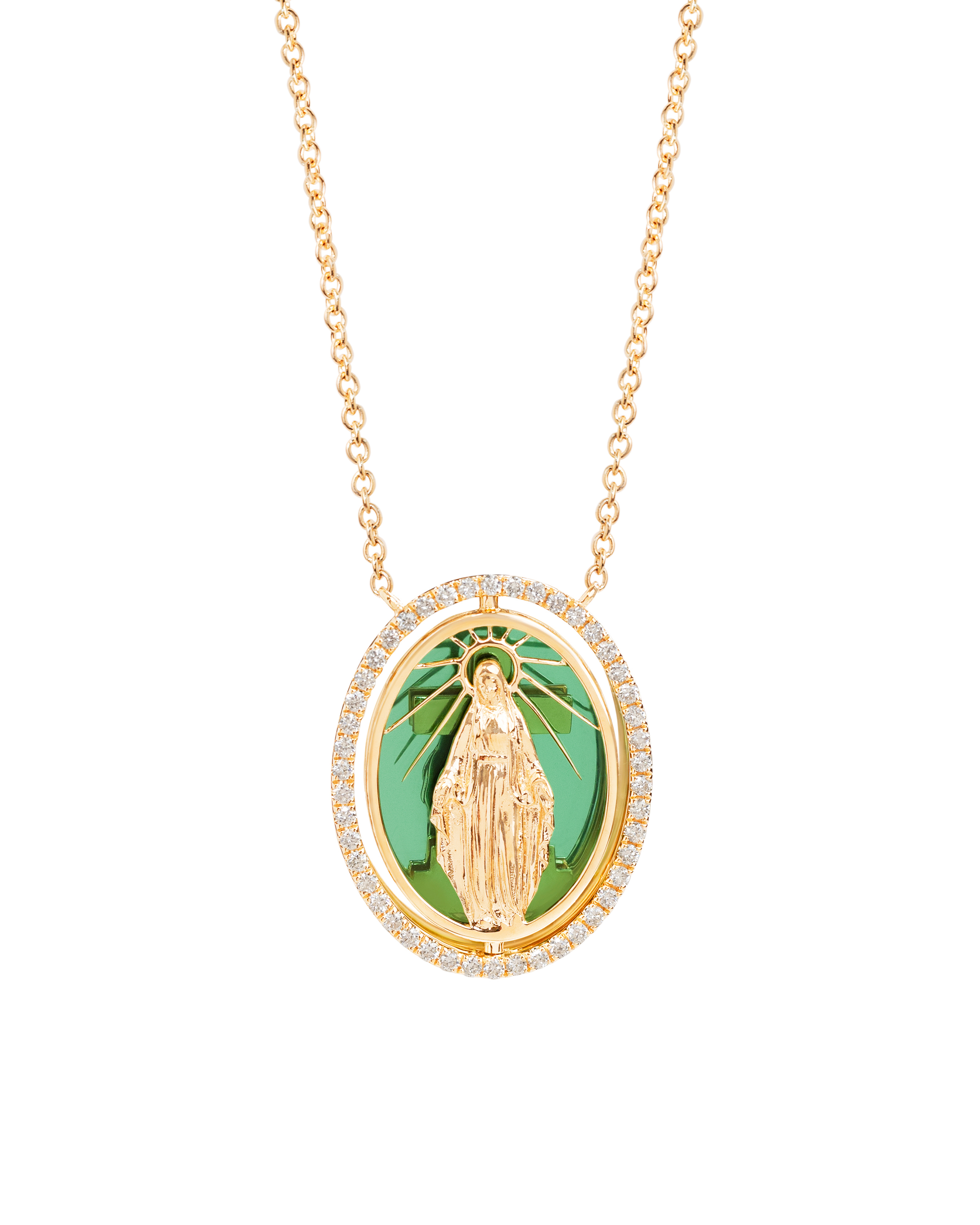 Modern Virgin & Cross Green Sapphire Pendant Necklace