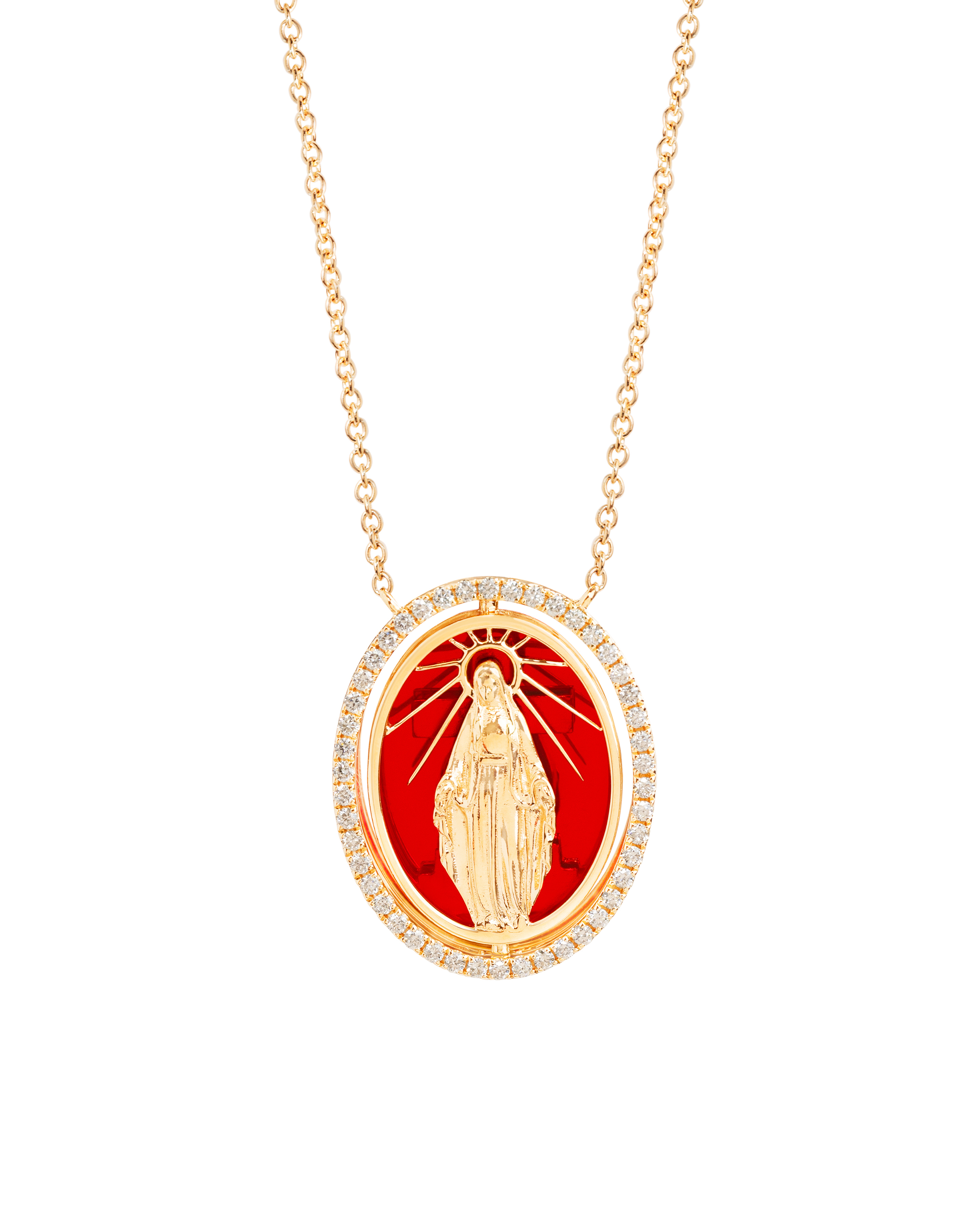 Modern Virgin & Cross Red Sapphire Pendant Necklace