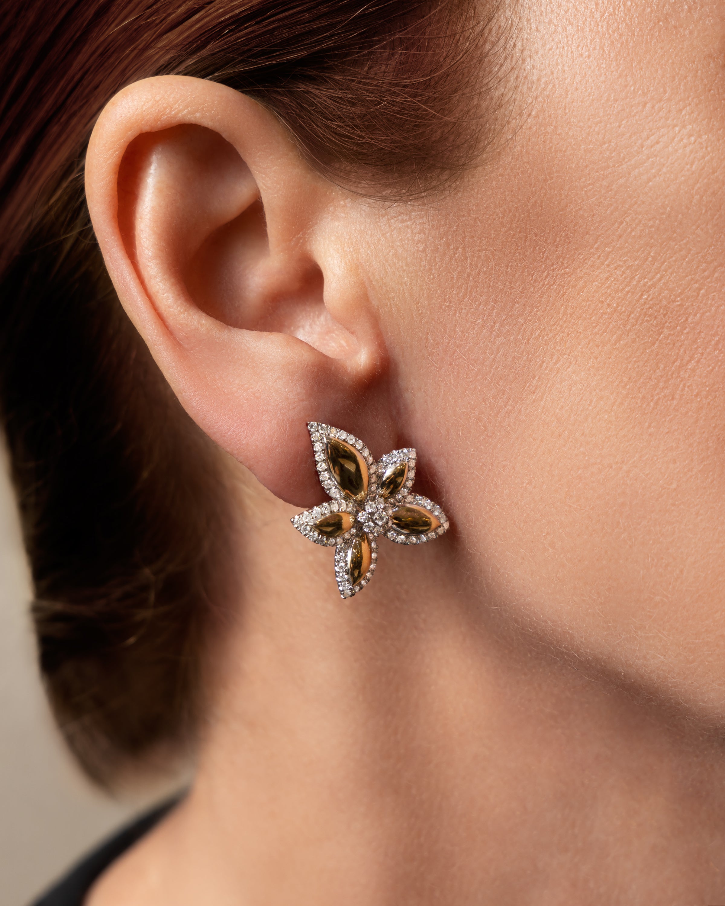 Petite Modern Floral Earrings in Yellow Gold and Diamonds