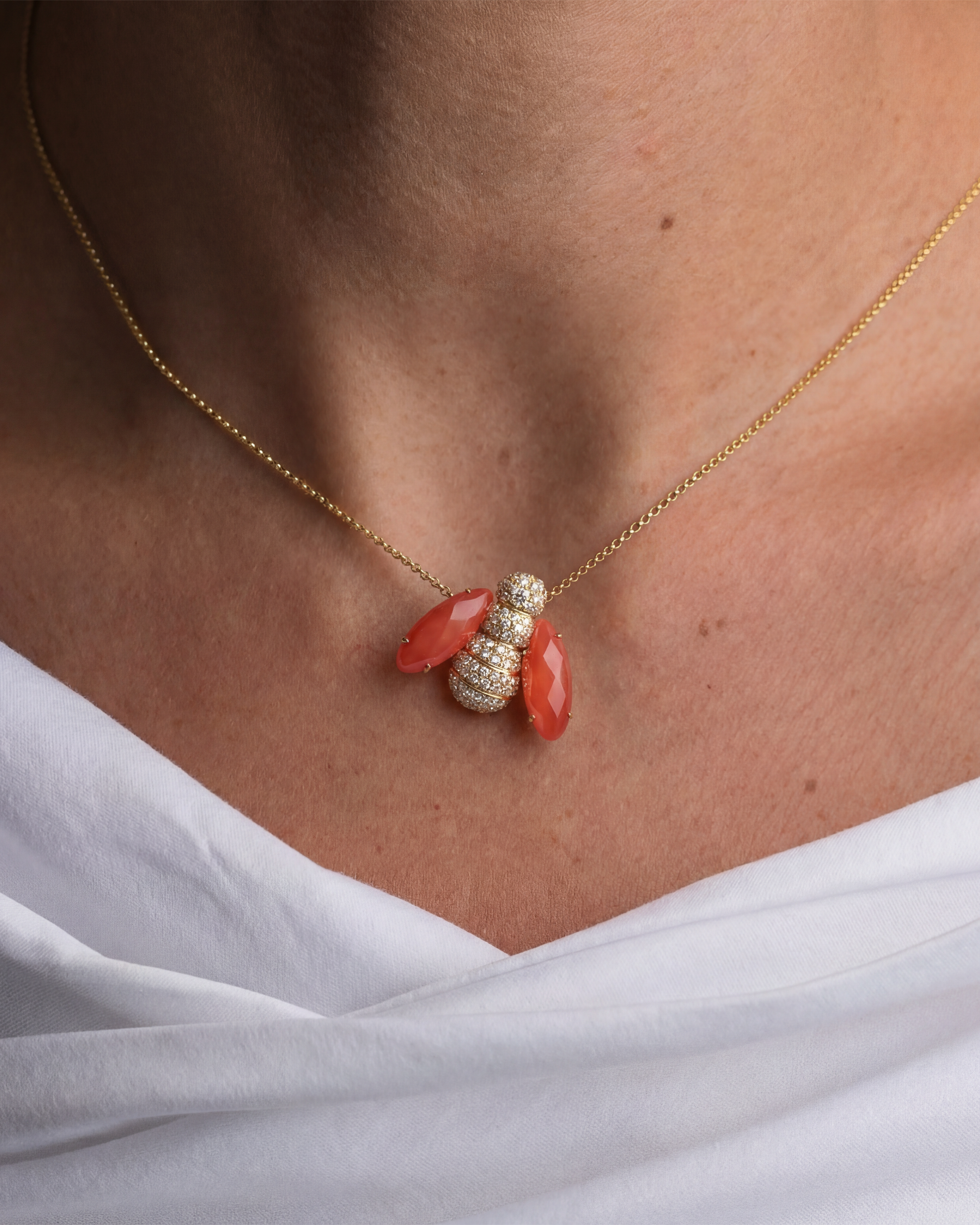 Pannalino Bee Necklace in Coral and White Topaz