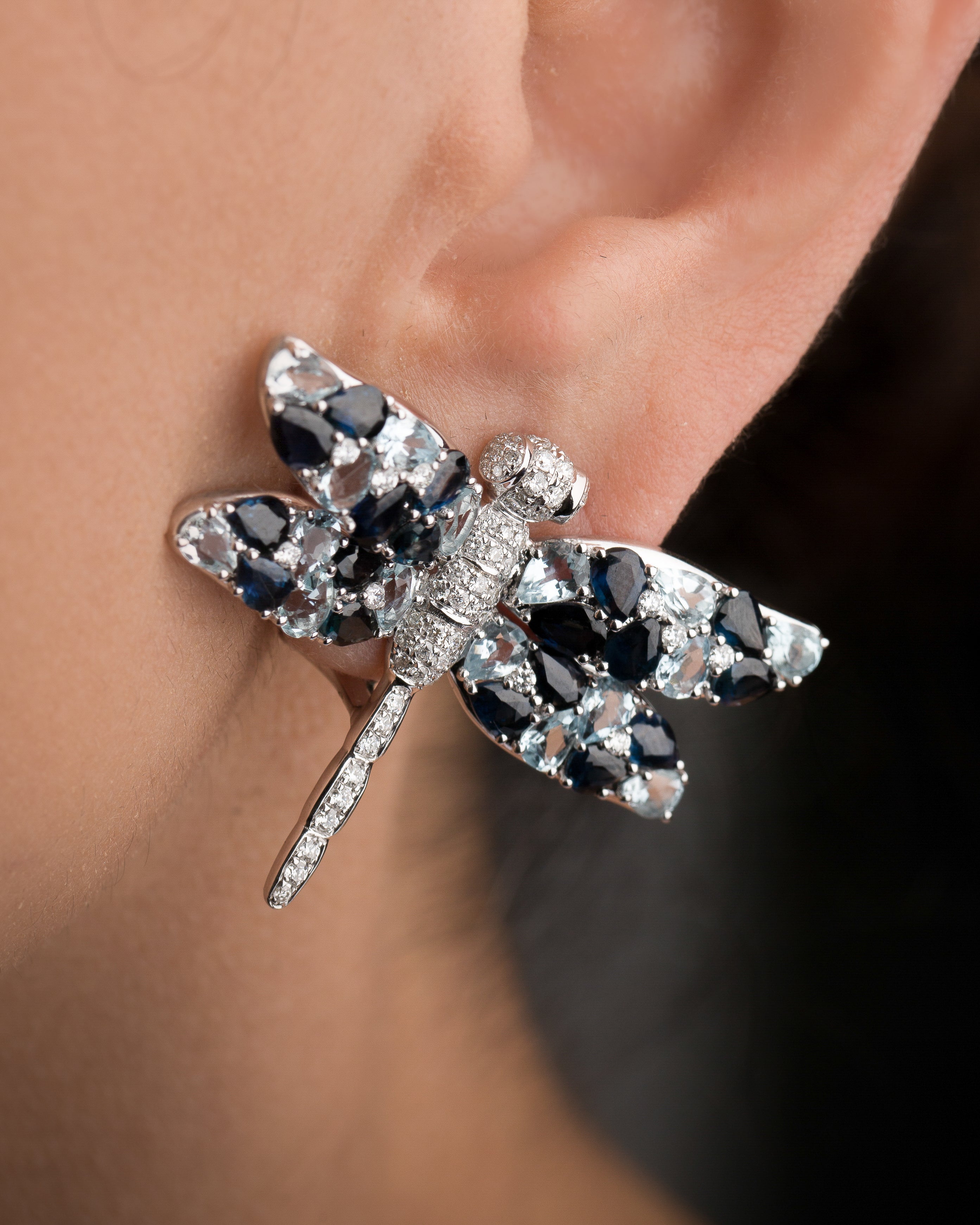 Dragonflies Earrings in Blue Sapphires and Diamonds